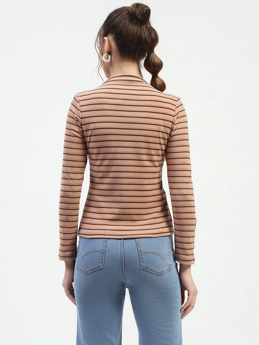 Ultraviolet Protection Finish High Neck Design Madame Mock Neck Striped Button Detailed Sleeve Brown Top