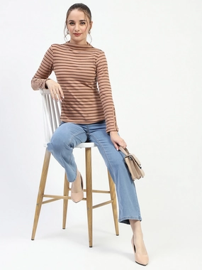 DurableZipper UV Protection Enhanced Madame Mock Neck Striped Button Detailed Sleeve Brown Top