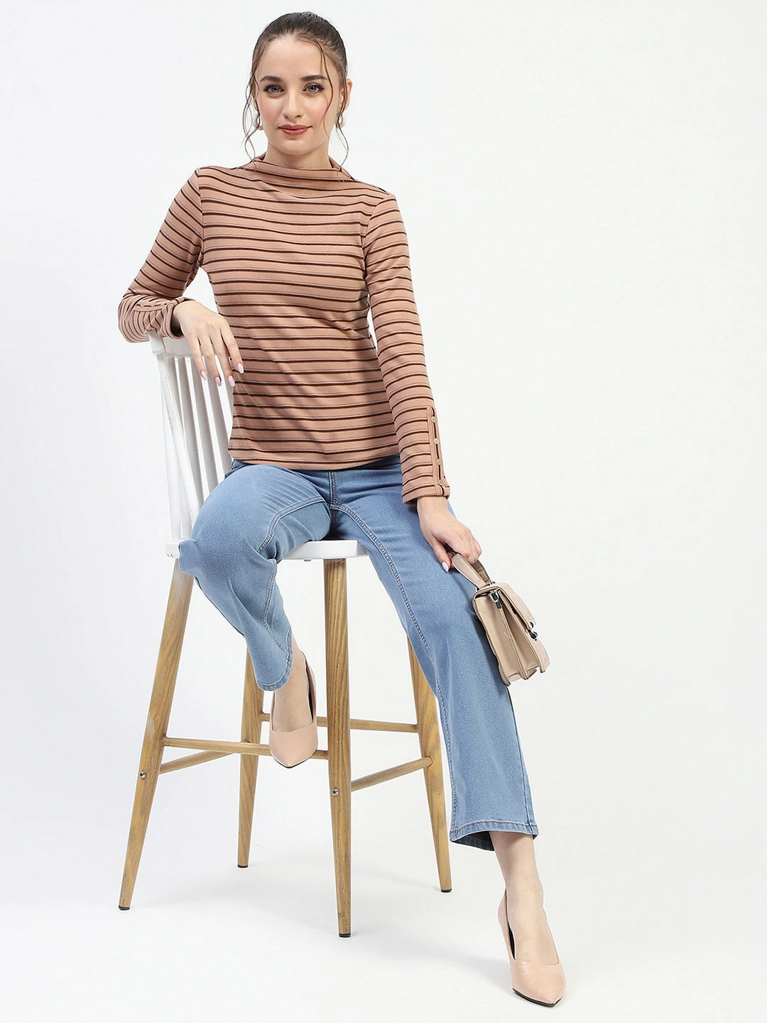 DurableZipper UV Protection Enhanced Madame Mock Neck Striped Button Detailed Sleeve Brown Top