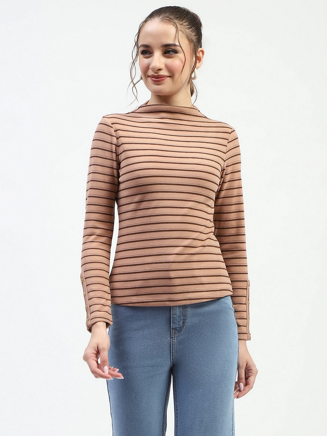 Madame Mock Neck Striped Button Detailed Sleeve Brown Top MoistureWicking Fabric HiddenStoragePocket