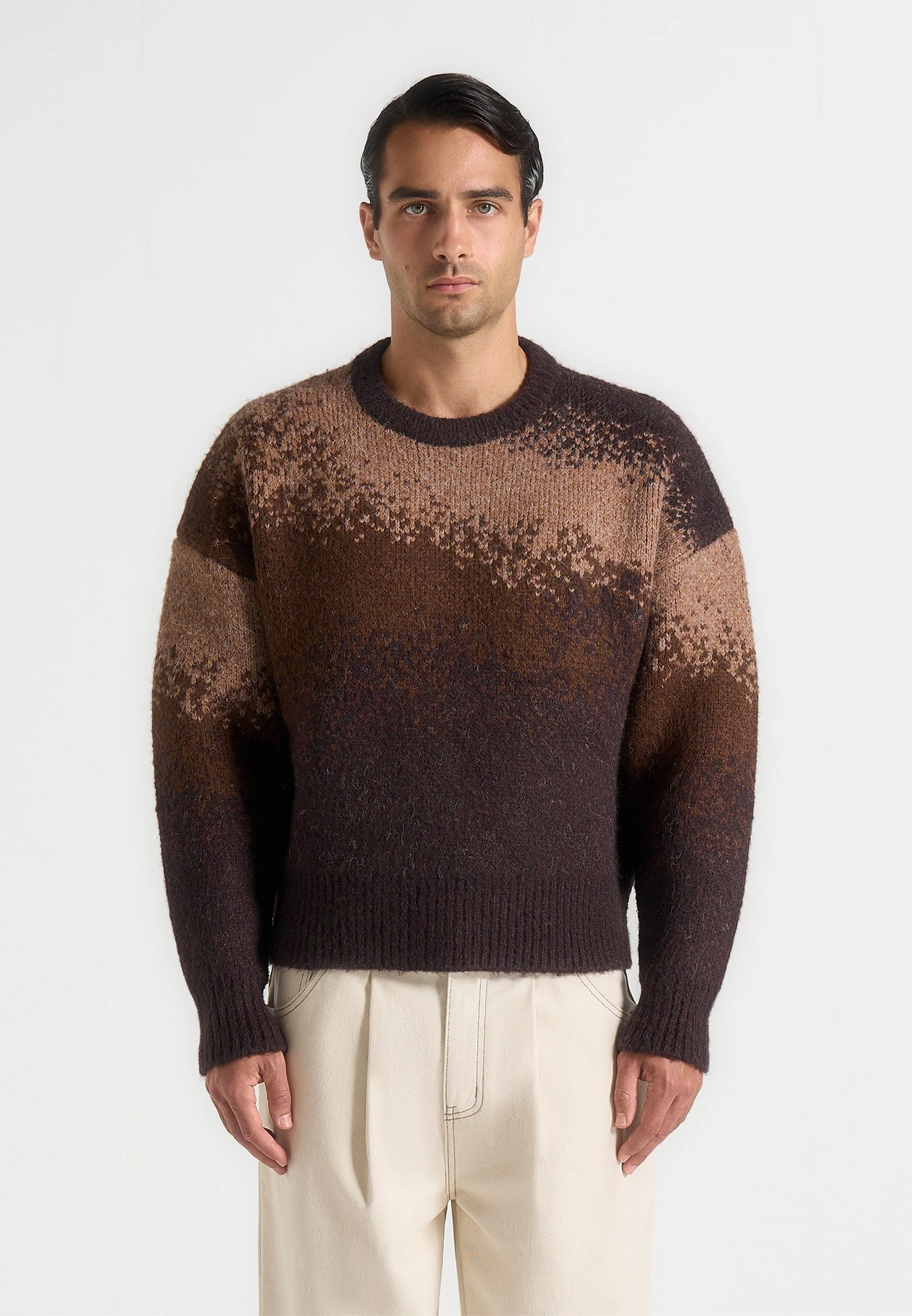 Yani - Ombr?? Wool Crewneck Sweater - Brown Twisted Cable Pattern