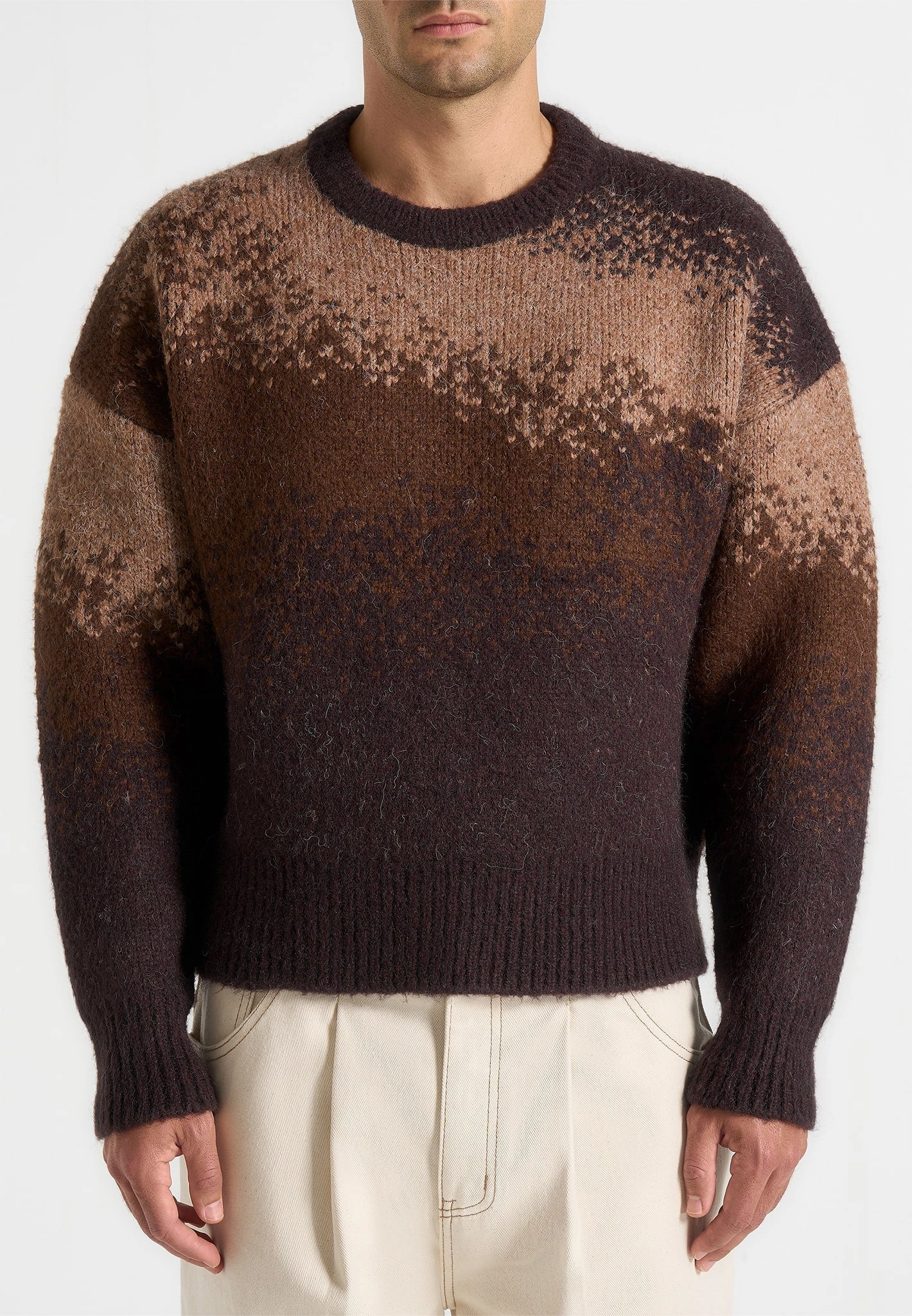 Daily Style Natural Fiber Composition Yani - Ombr?? Wool Crewneck Sweater - Brown