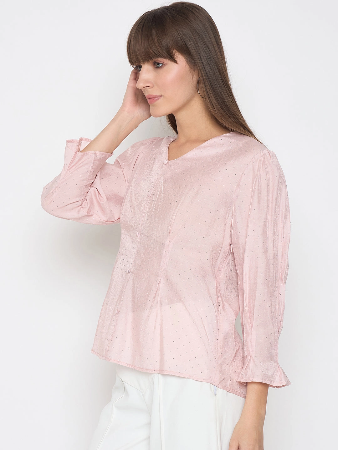 Adjustable Hem Office Attire Madame Nylon Swarovski Dart Detailed Peach Top
