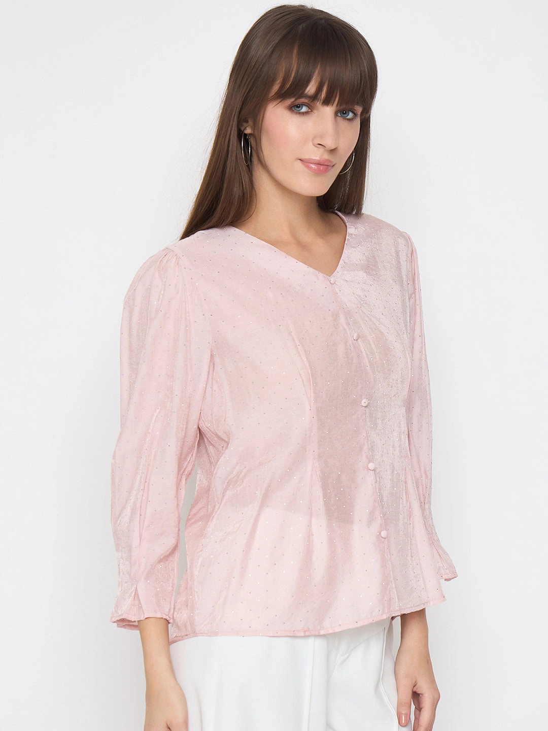 Madame Nylon Swarovski Dart Detailed Peach Top Active Look Ribbed Neckline