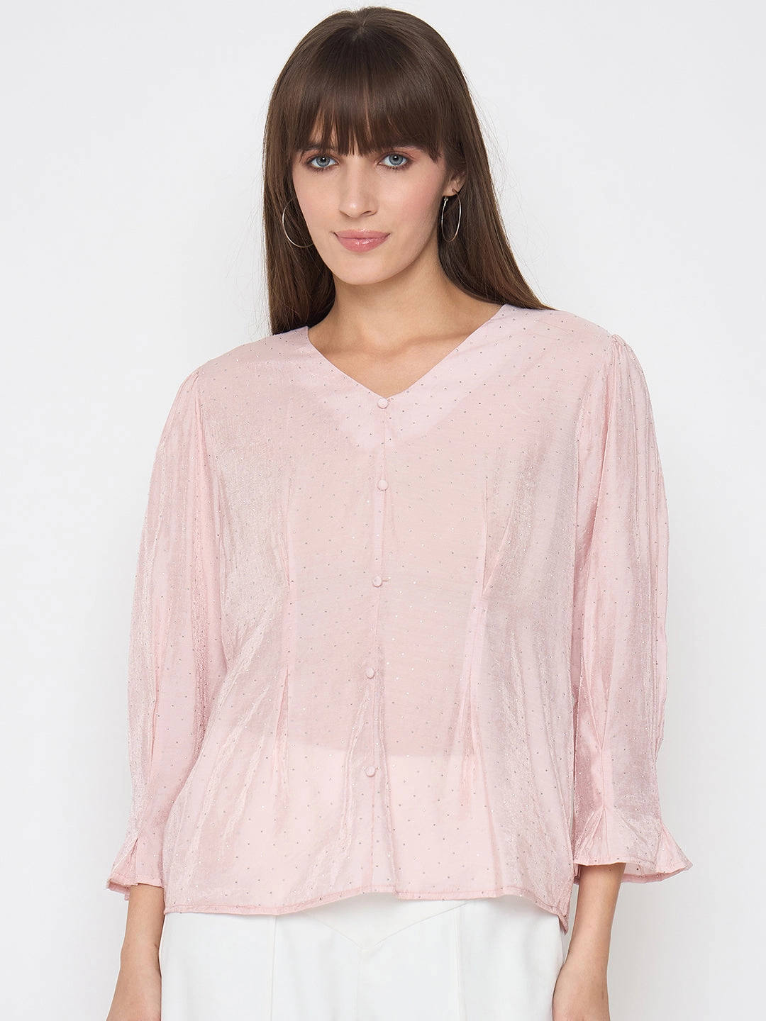 Stretchable Material Madame Nylon Swarovski Dart Detailed Peach Top