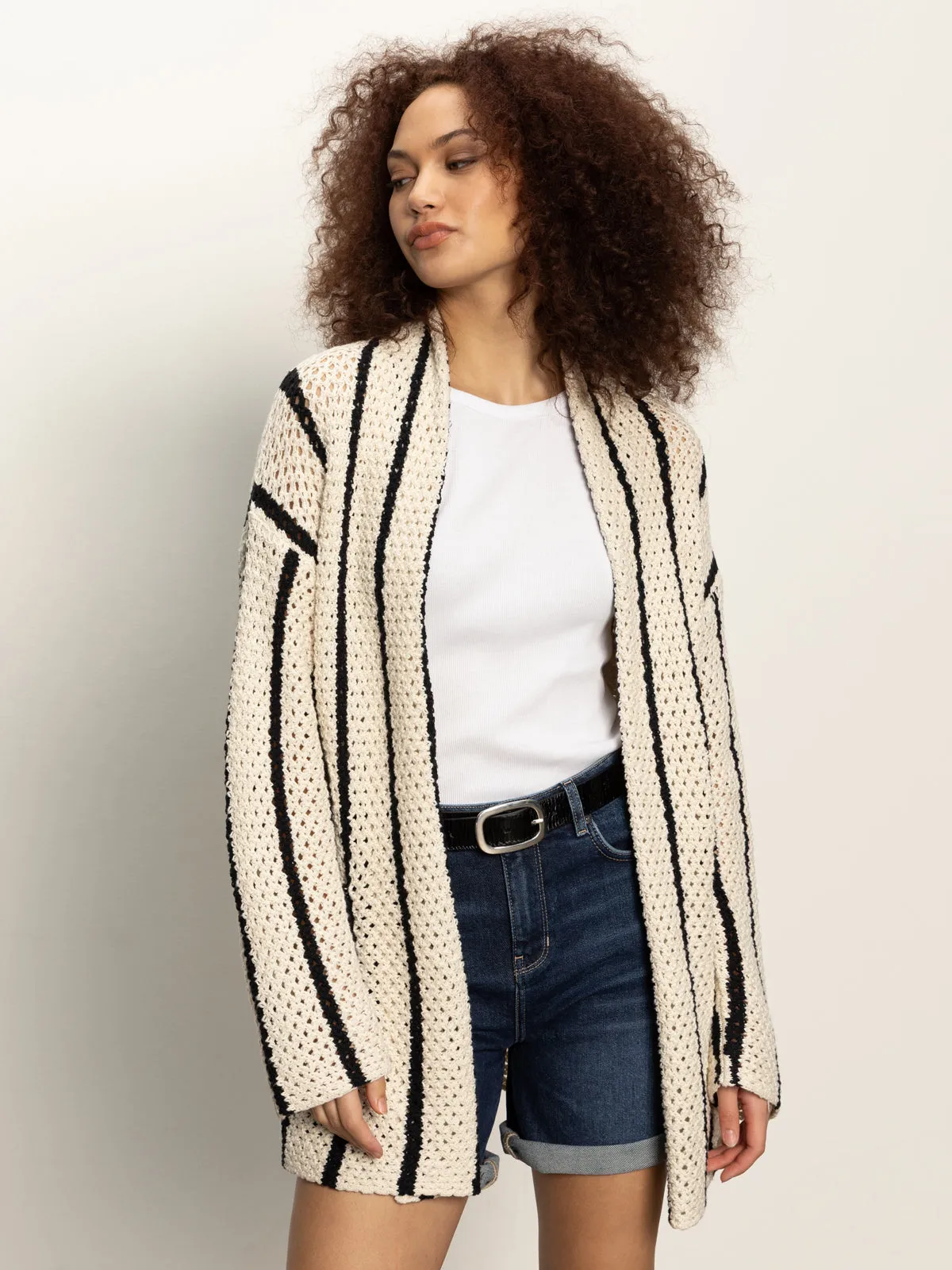Openwork Beach Cardi Chalk Black Stripe MultiFunctional Pocket Placement