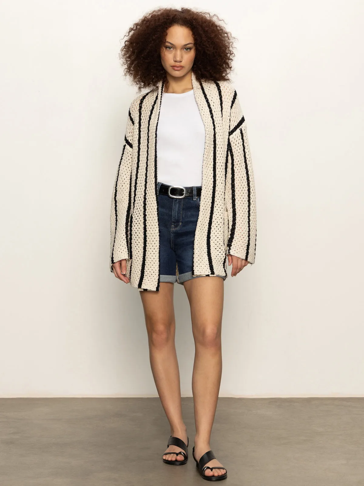 Openwork Beach Cardi Chalk Black Stripe preshrunk