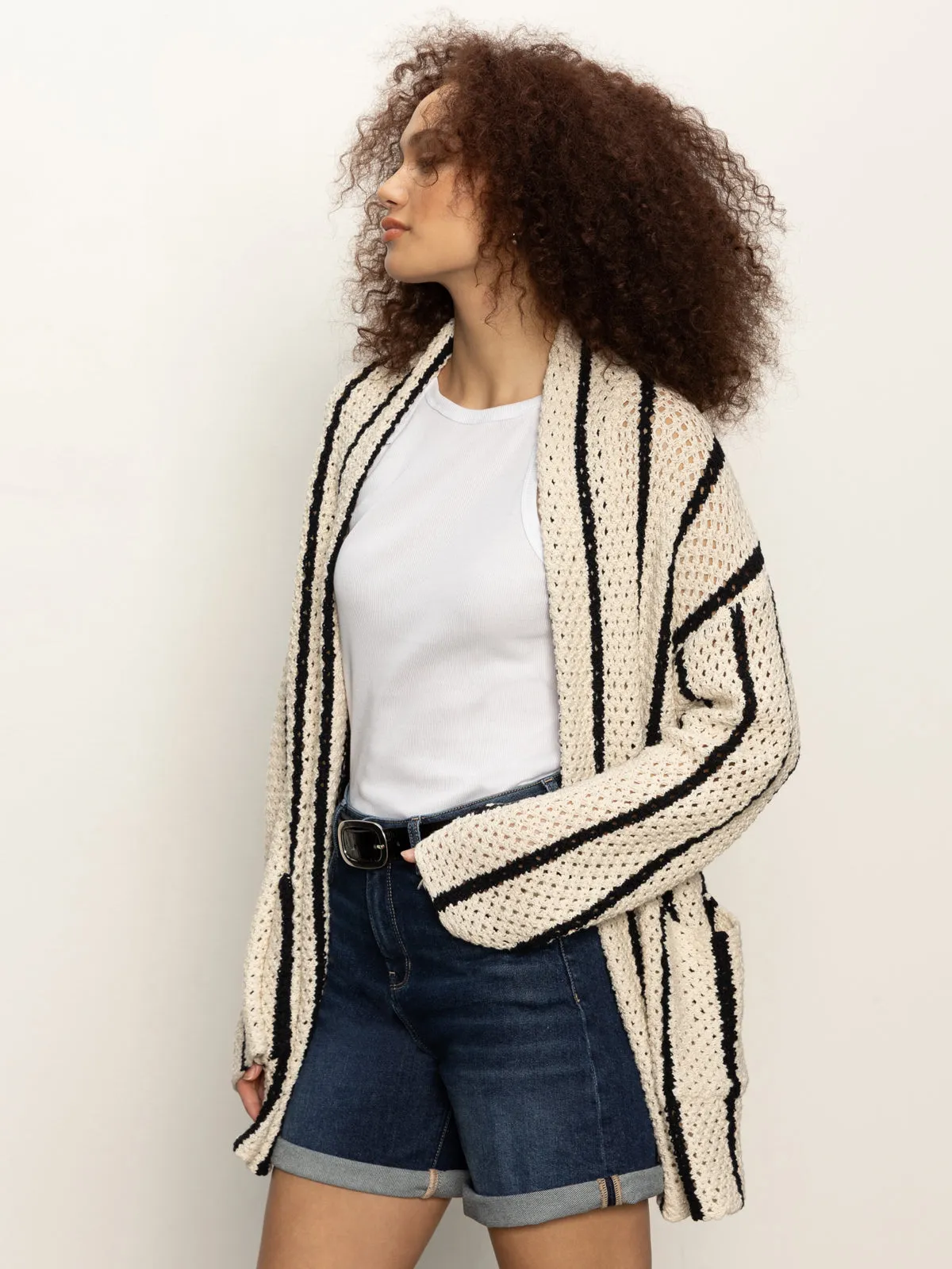 Openwork Beach Cardi Chalk Black Stripe RibbedNeckline FrictionResistantEdges