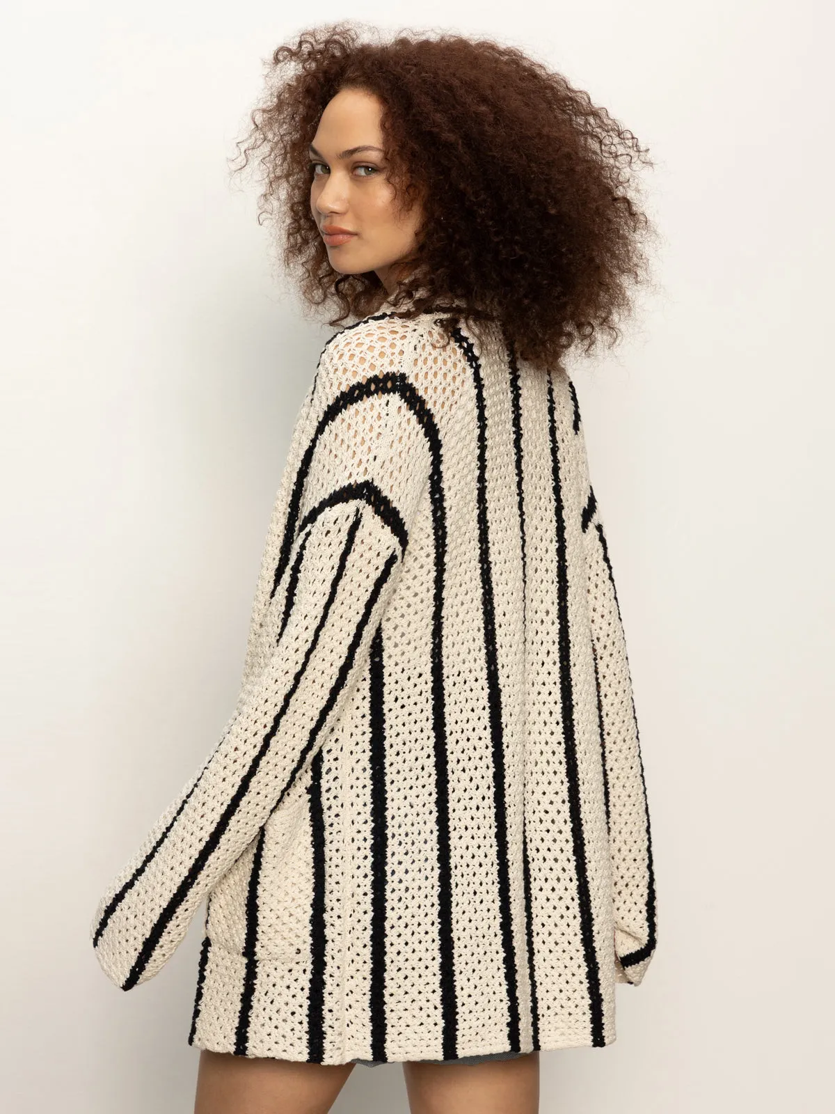 Layered Collar Structure Openwork Beach Cardi Chalk Black Stripe