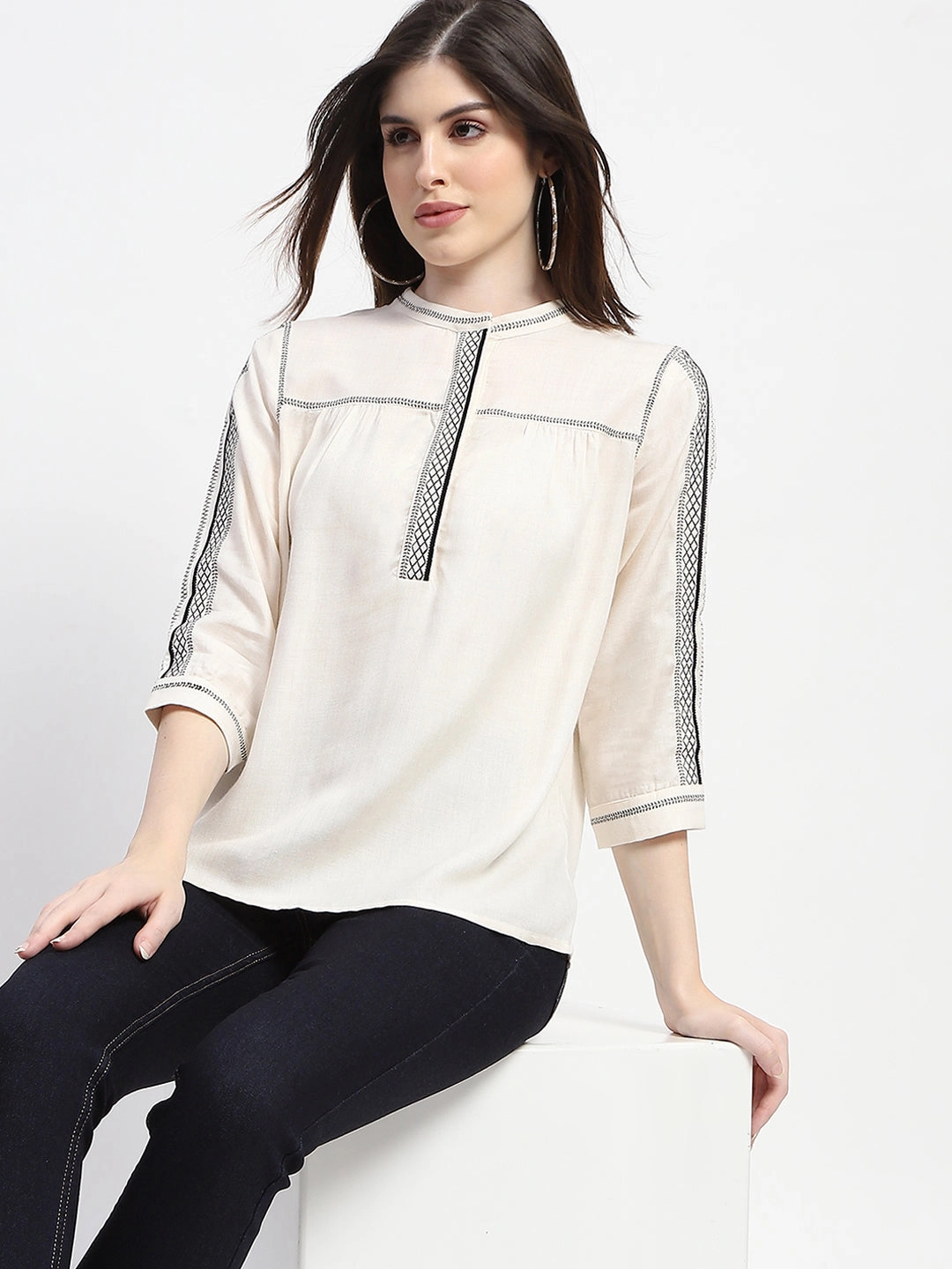 Madame Embroidered Off White Top RawEdgedDesign ConvertibleStyle
