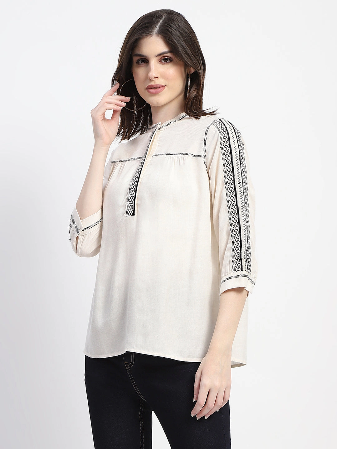 Madame Embroidered Off White Top RubberizedGrip Relaxed Top