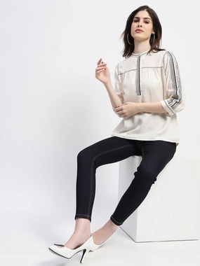 Elasticated Trim Durable Reinforced Hem Madame Embroidered Off White Top