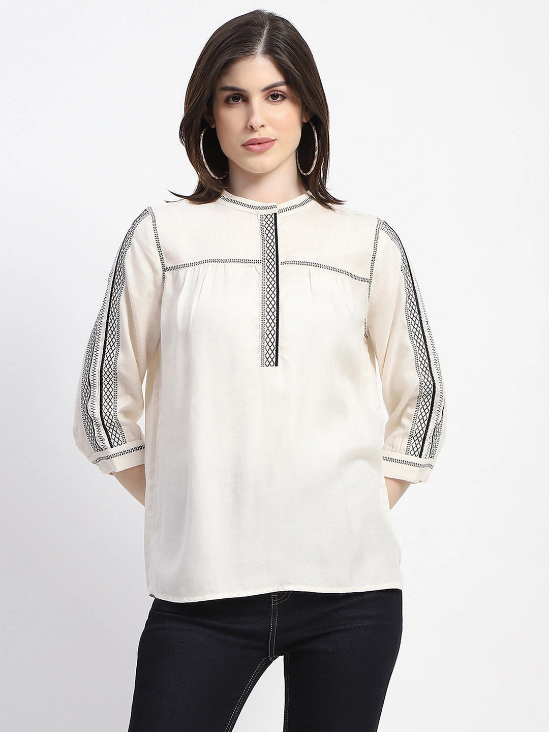 LowMaintenance Airflow Vents Madame Embroidered Off White Top