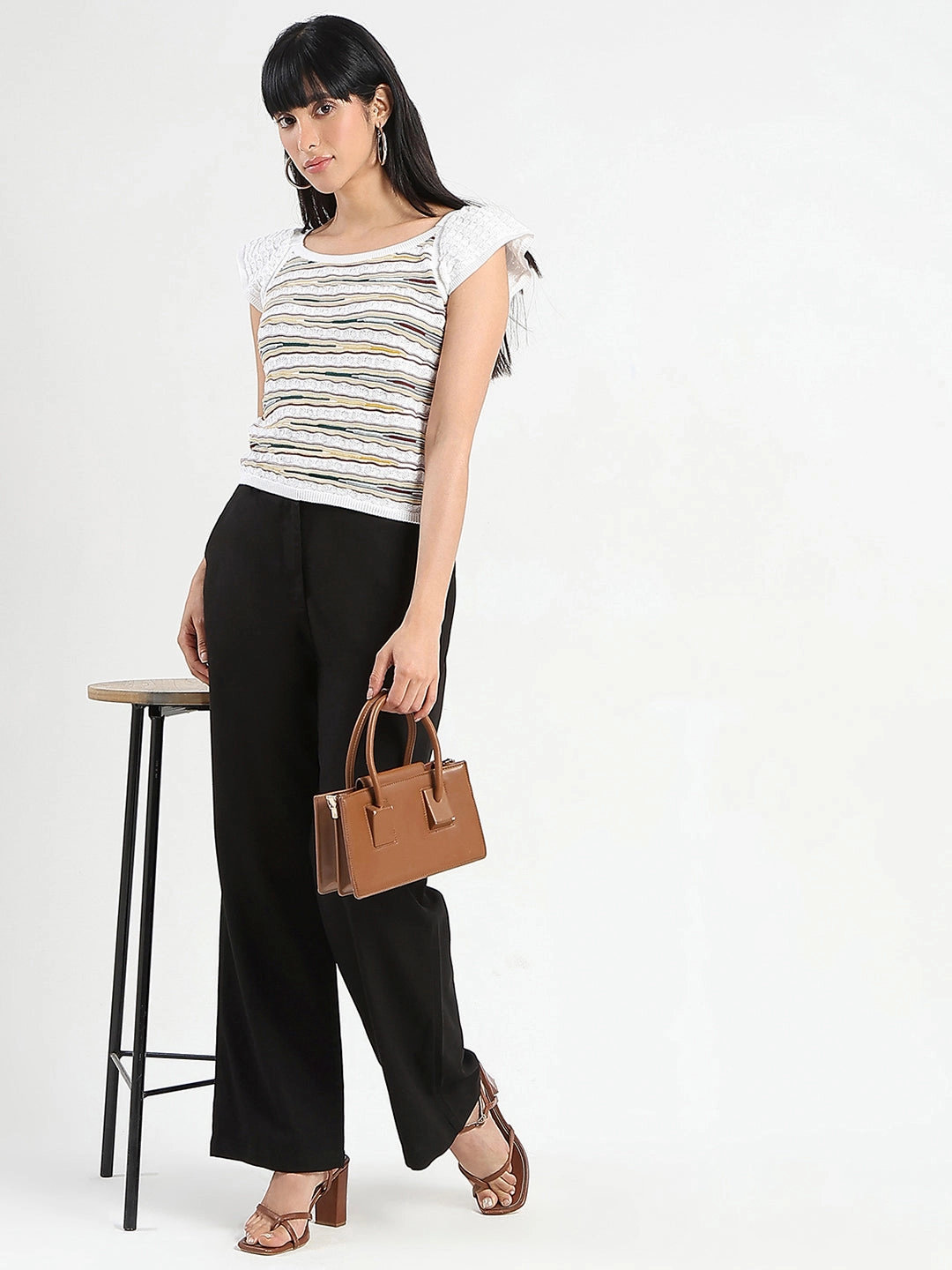 TailoredCut Madame Striped Crochet Multicolor Knit Cotton Crop Top