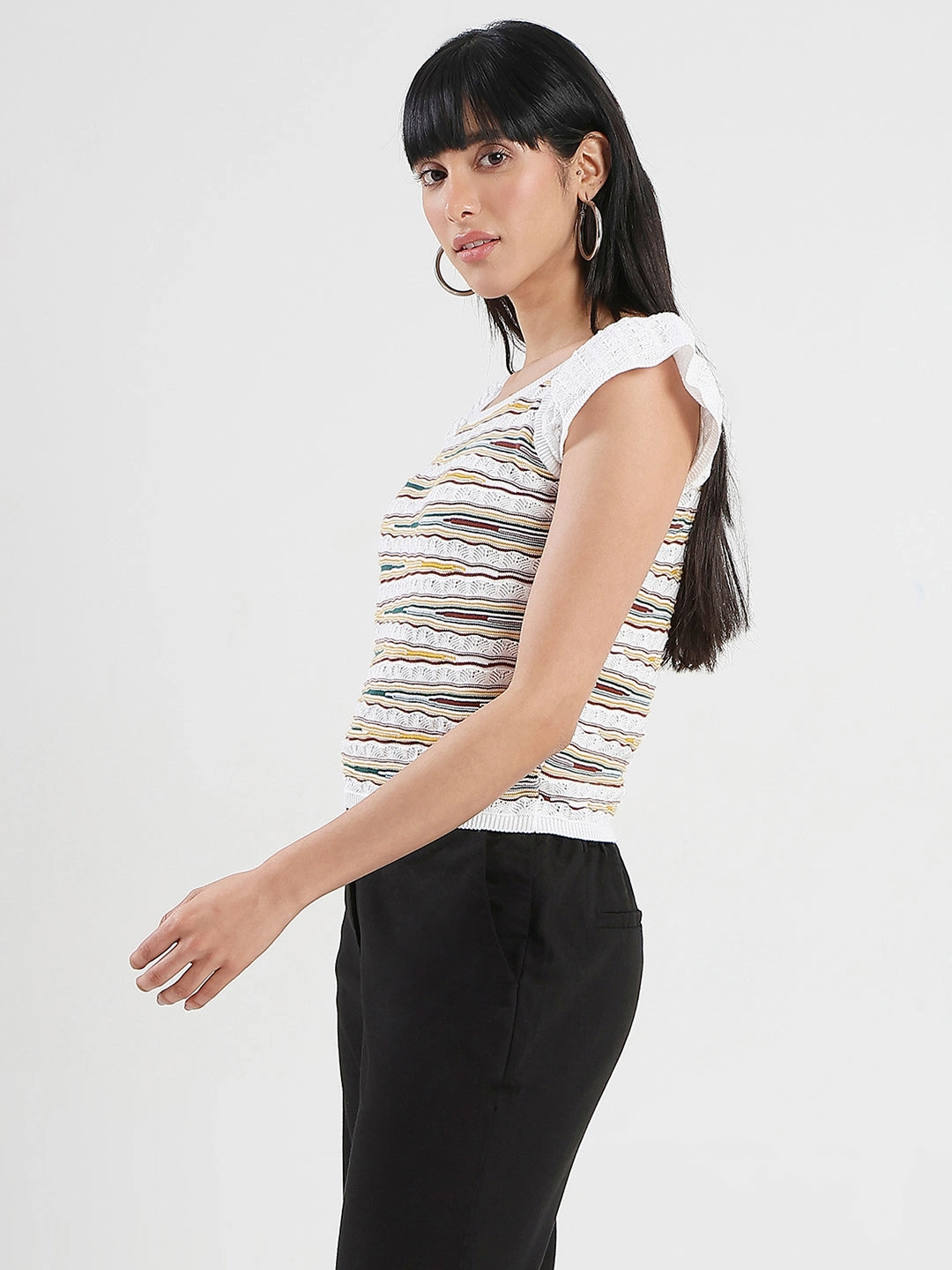 Madame Striped Crochet Multicolor Knit Cotton Crop Top AntiStatic Weave