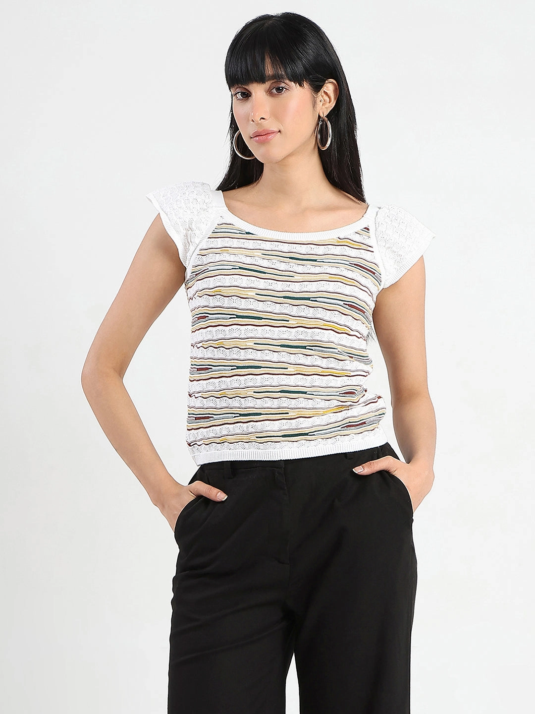 Madame Striped Crochet Multicolor Knit Cotton Crop Top Two Tone Weave