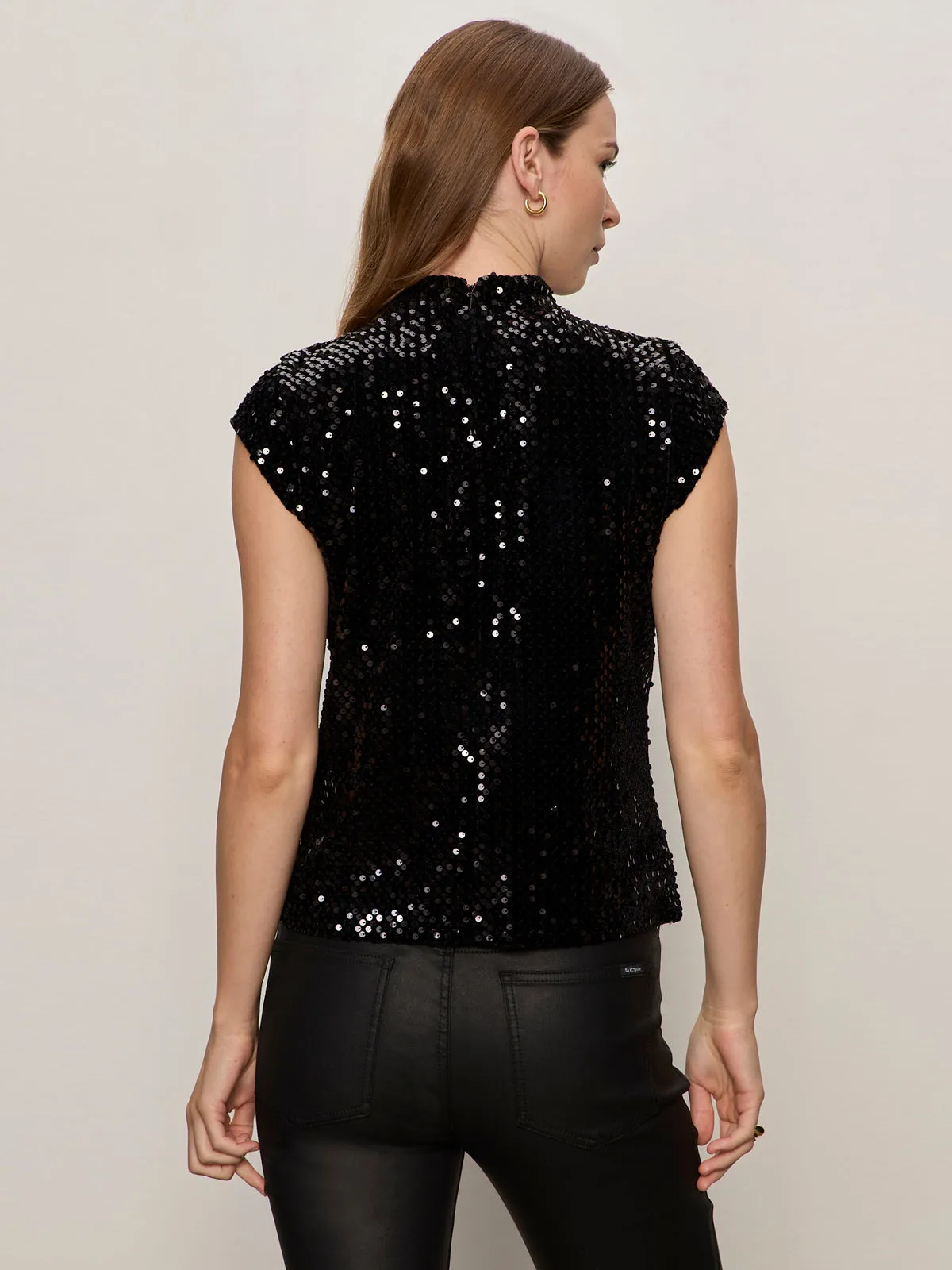 Funnel Neck Sequin Top Black Lightweight Feel