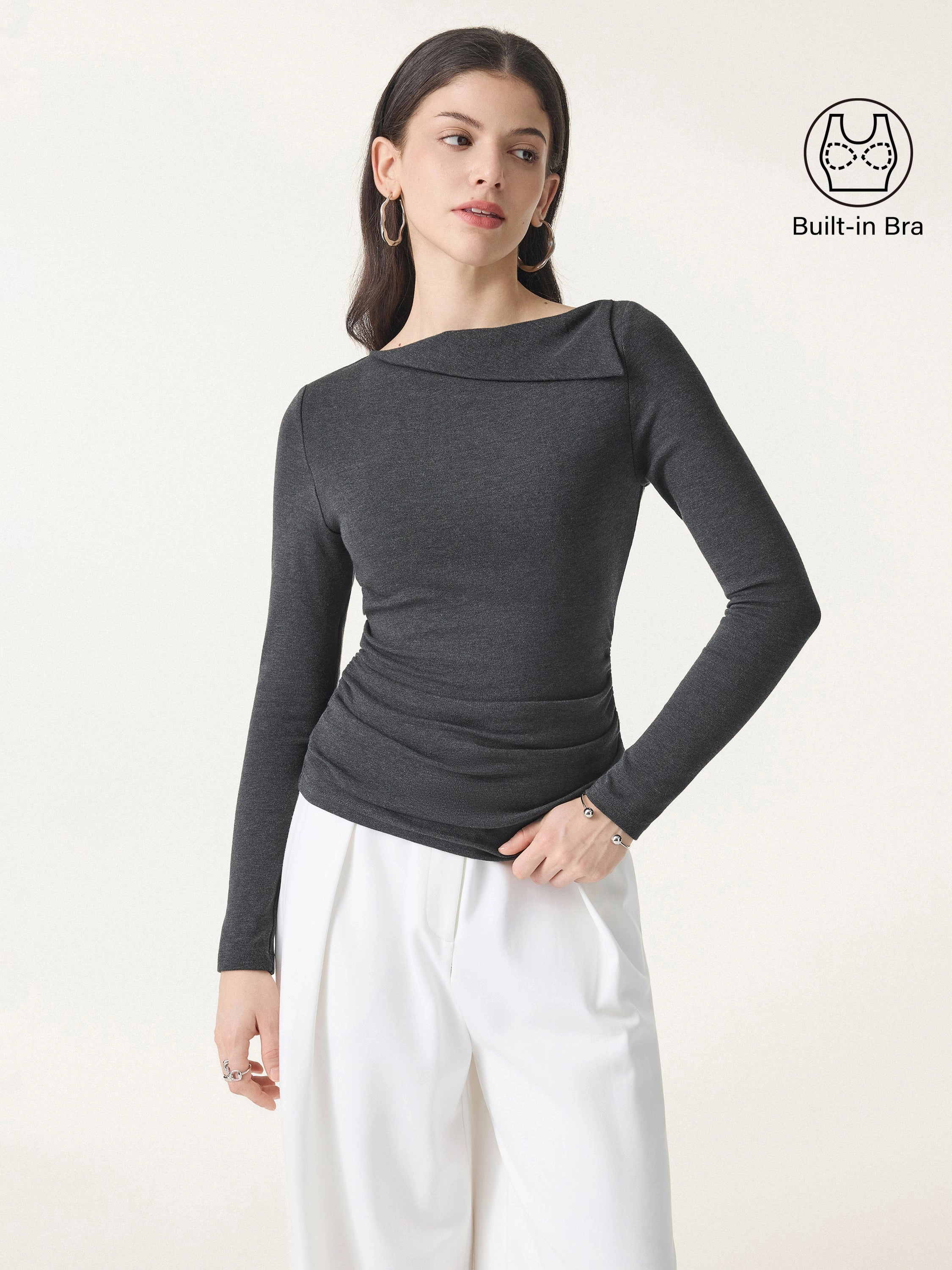 Light Warm Asymmetrical Fold-Over Side Ruched Brami Top NonChafe Tag Placement