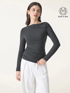 WrinkleFree Weave Light Warm Asymmetrical Fold-Over Side Ruched Brami Top