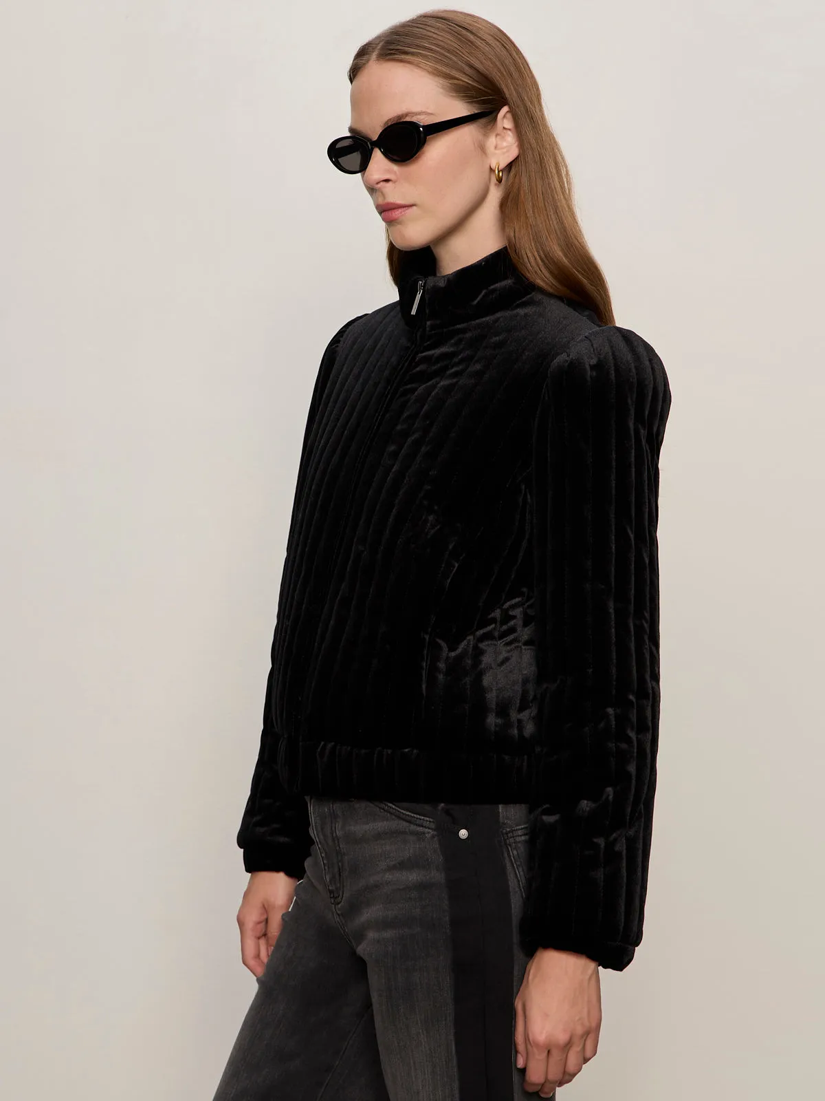 Quilted Velvet Jacket Black Brown Ribbed Knit Cuffs