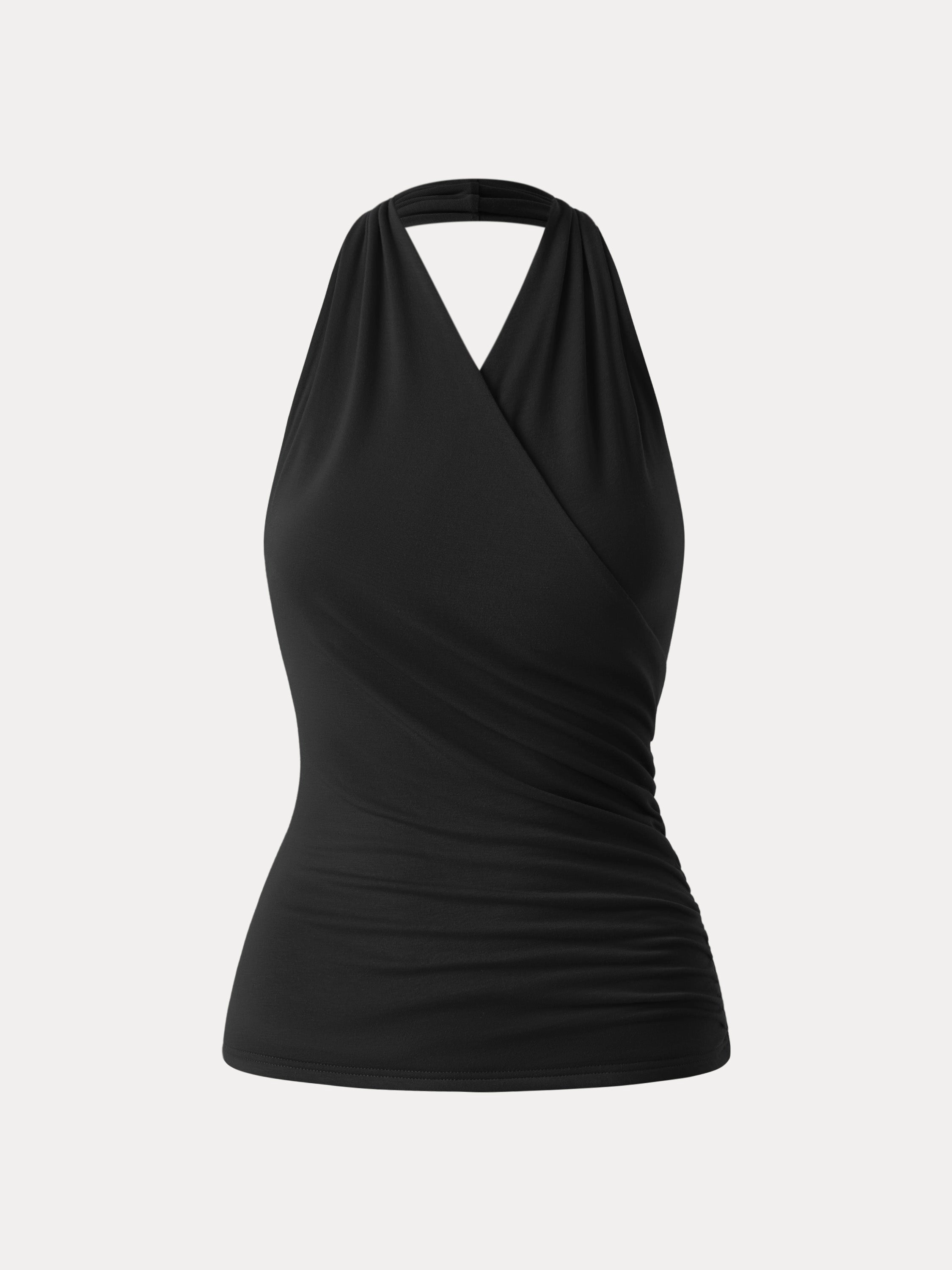 MoistureWickingMaterial Buttery Smooth Surplice Halter Neck Sculpt Tank