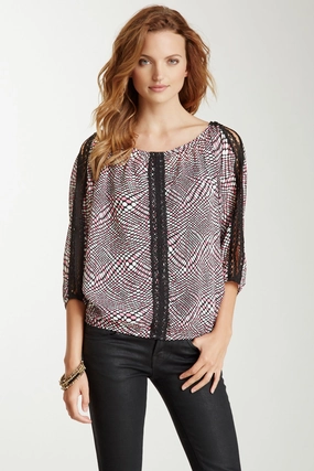 Lace Trim Dolman Sleeve Top - Disco Pink Contrast Stitching Durable Fiber Blend