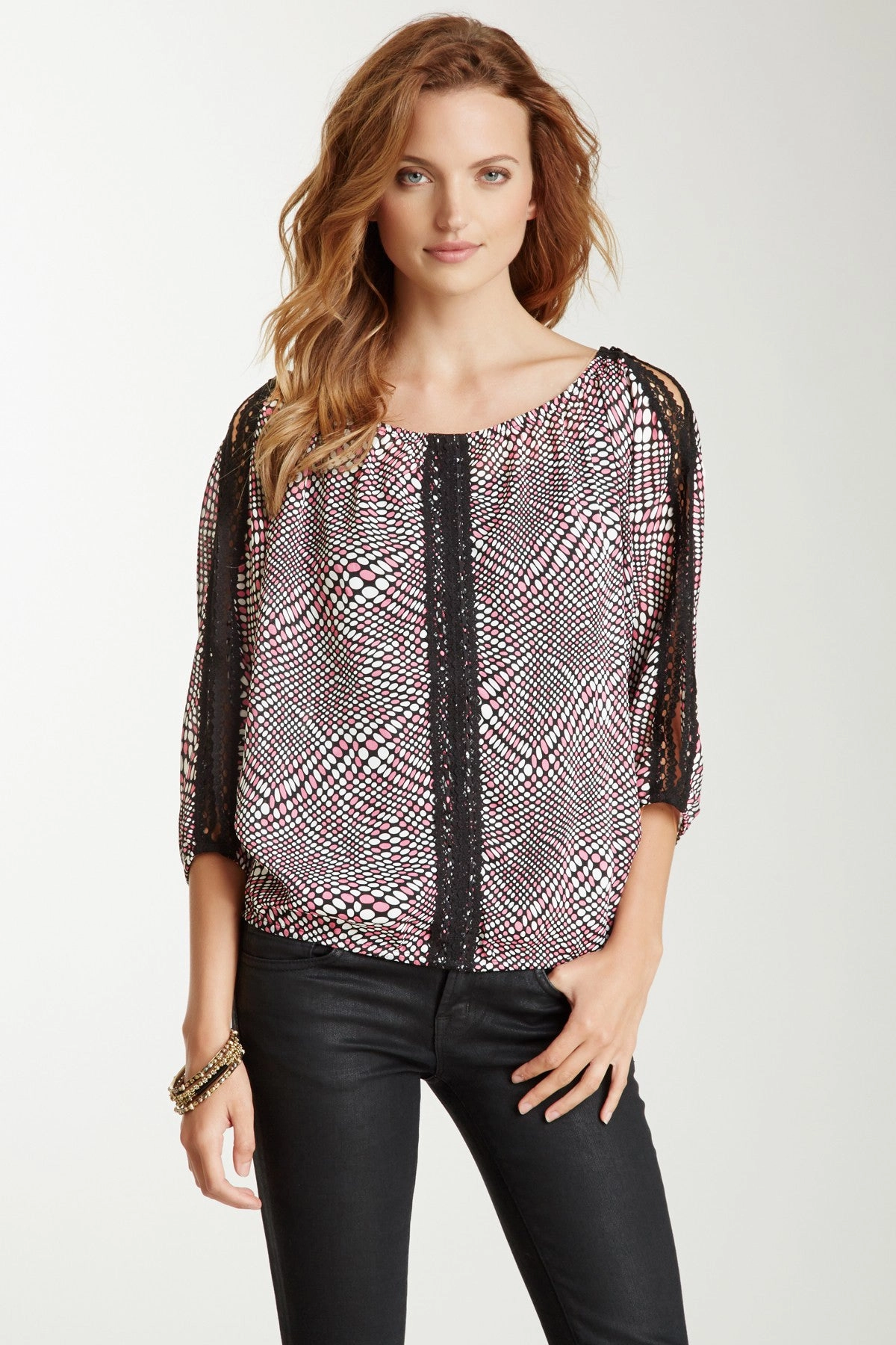 Lace Trim Dolman Sleeve Top - Disco Pink Warm Hoodie