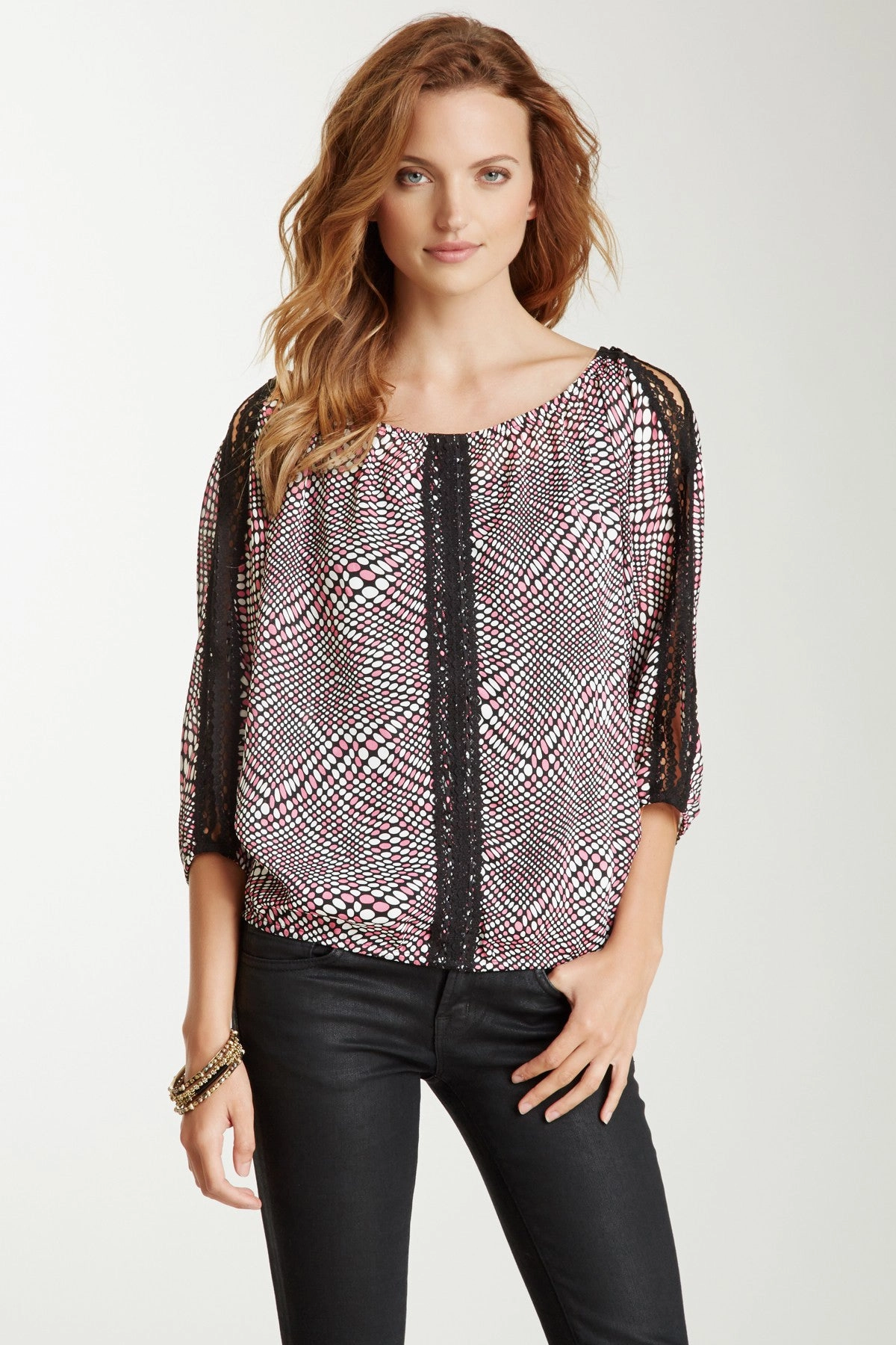 Lace Trim Dolman Sleeve Top - Disco Pink Contrast Stitching Durable Fiber Blend