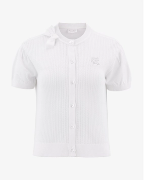 WeightedHem Round ribbon short sleeve cardigan - White