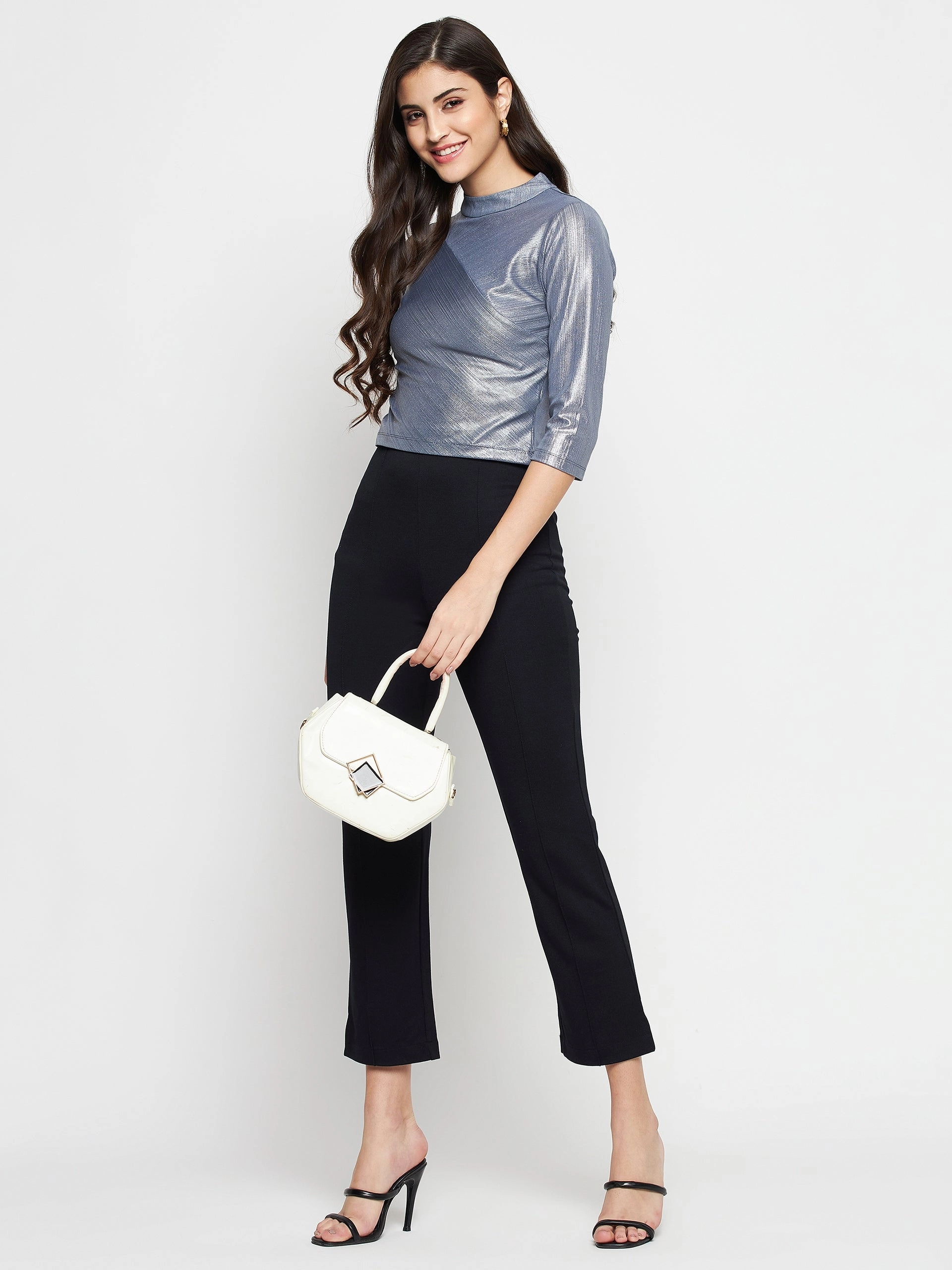 Madame Shimmering Asymmetrical Seam Detail Grey Top Double Chest Pocket