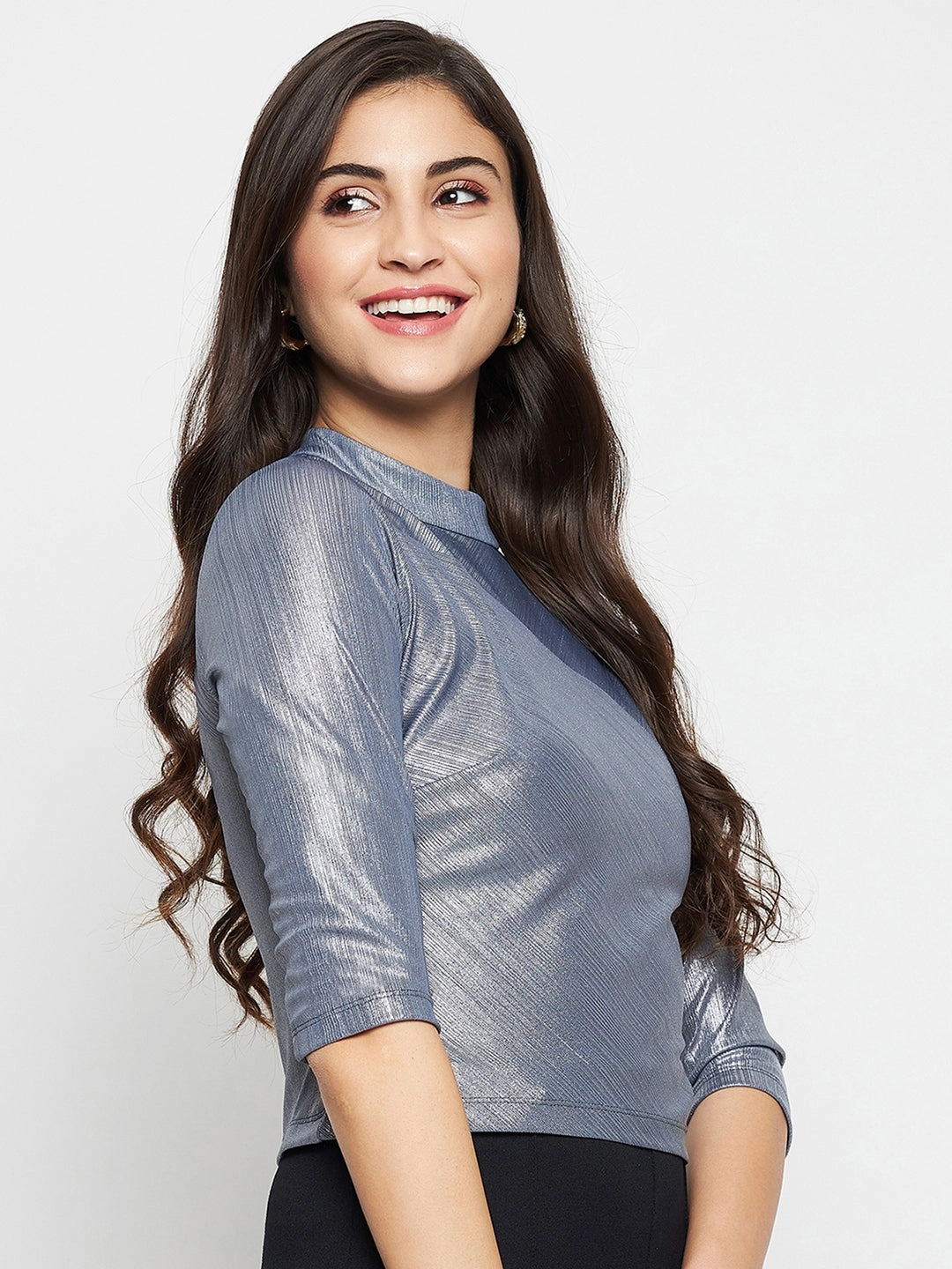 Reflective Trims Bohemian style Madame Shimmering Asymmetrical Seam Detail Grey Top