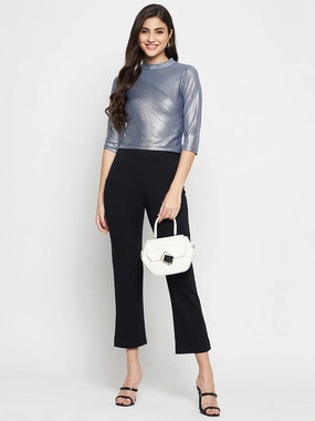Office Wear Madame Shimmering Asymmetrical Seam Detail Grey Top
