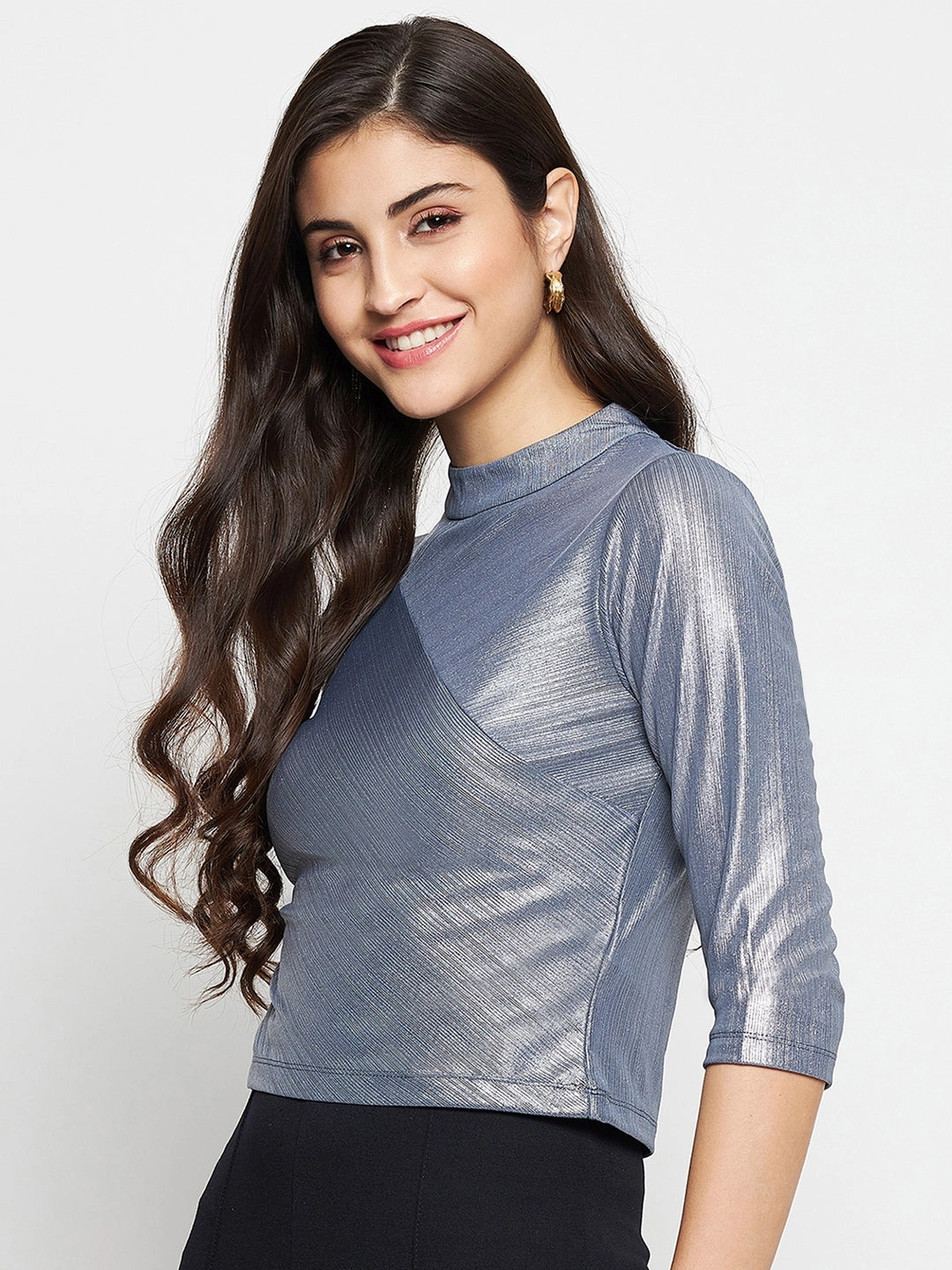 Madame Shimmering Asymmetrical Seam Detail Grey Top Durable Overlock Stitch