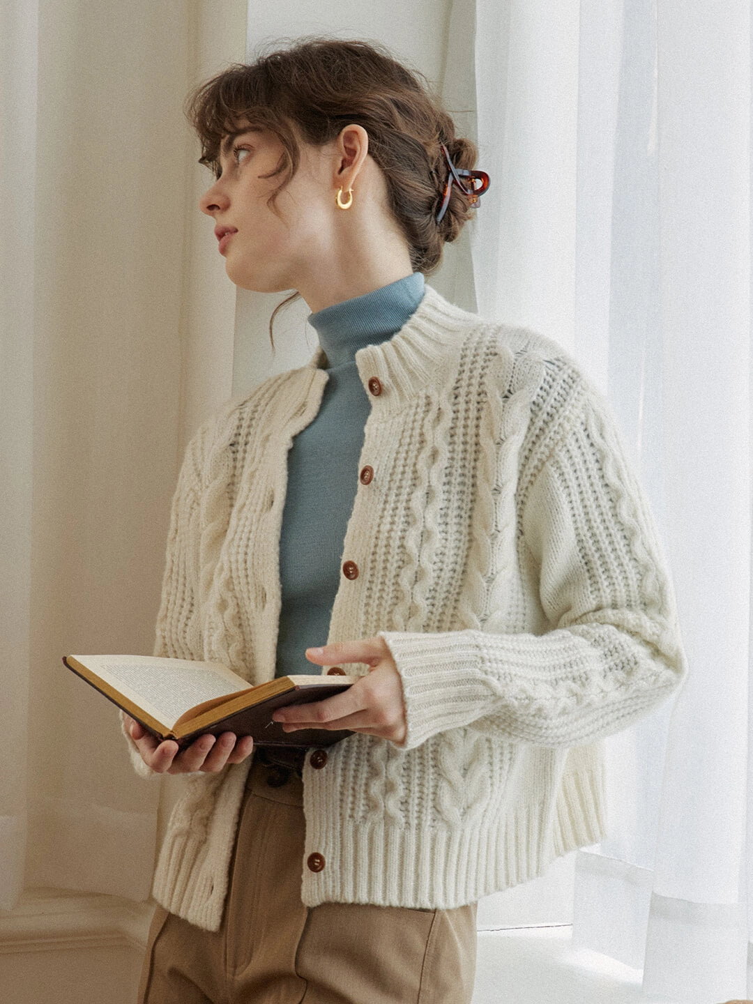 Tailored Silhouette Raina Cable White Irish Knit Cardigan
