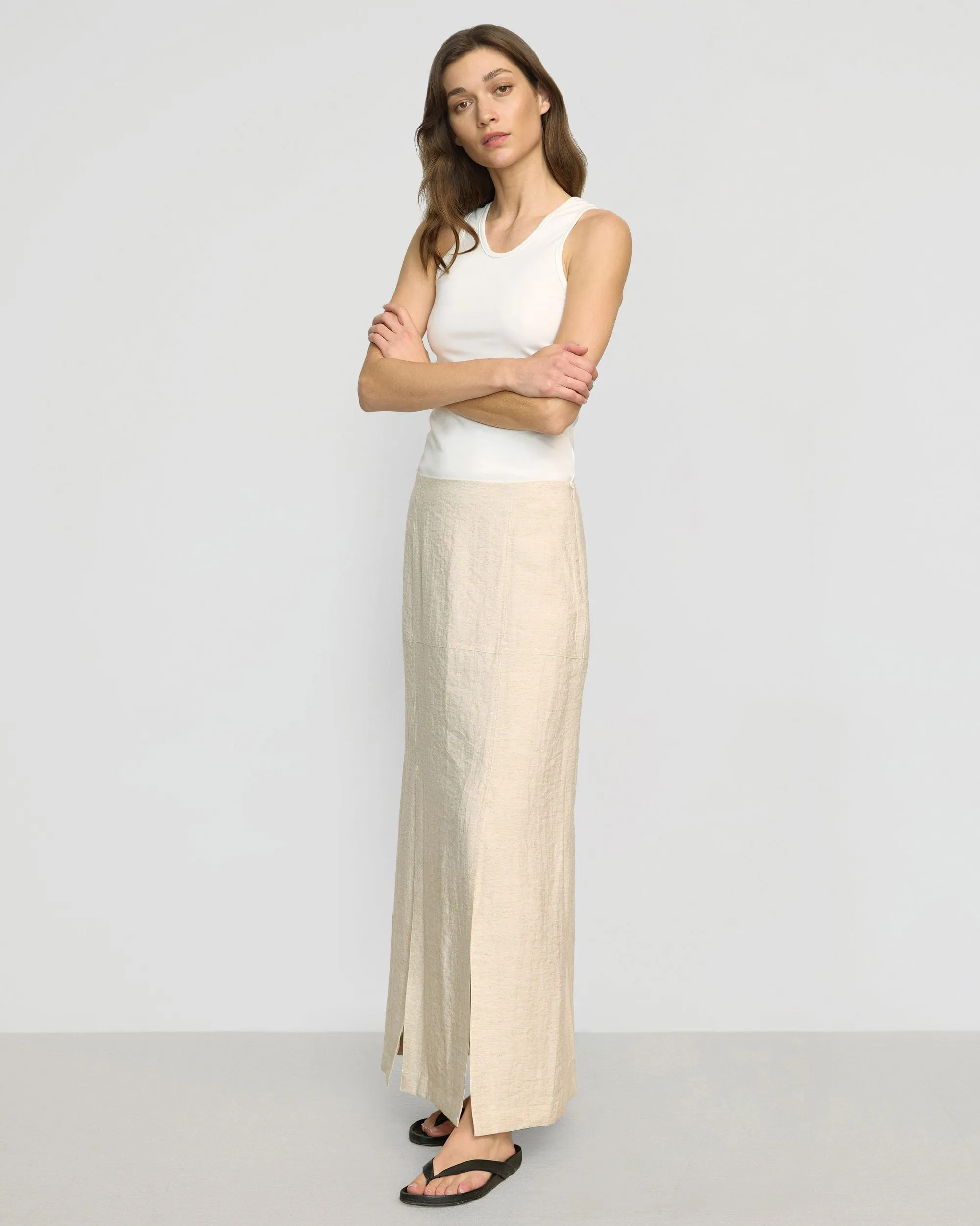 Ranni Front-Vent Linen-Blend Skirt Refined Texture Heritage Craft