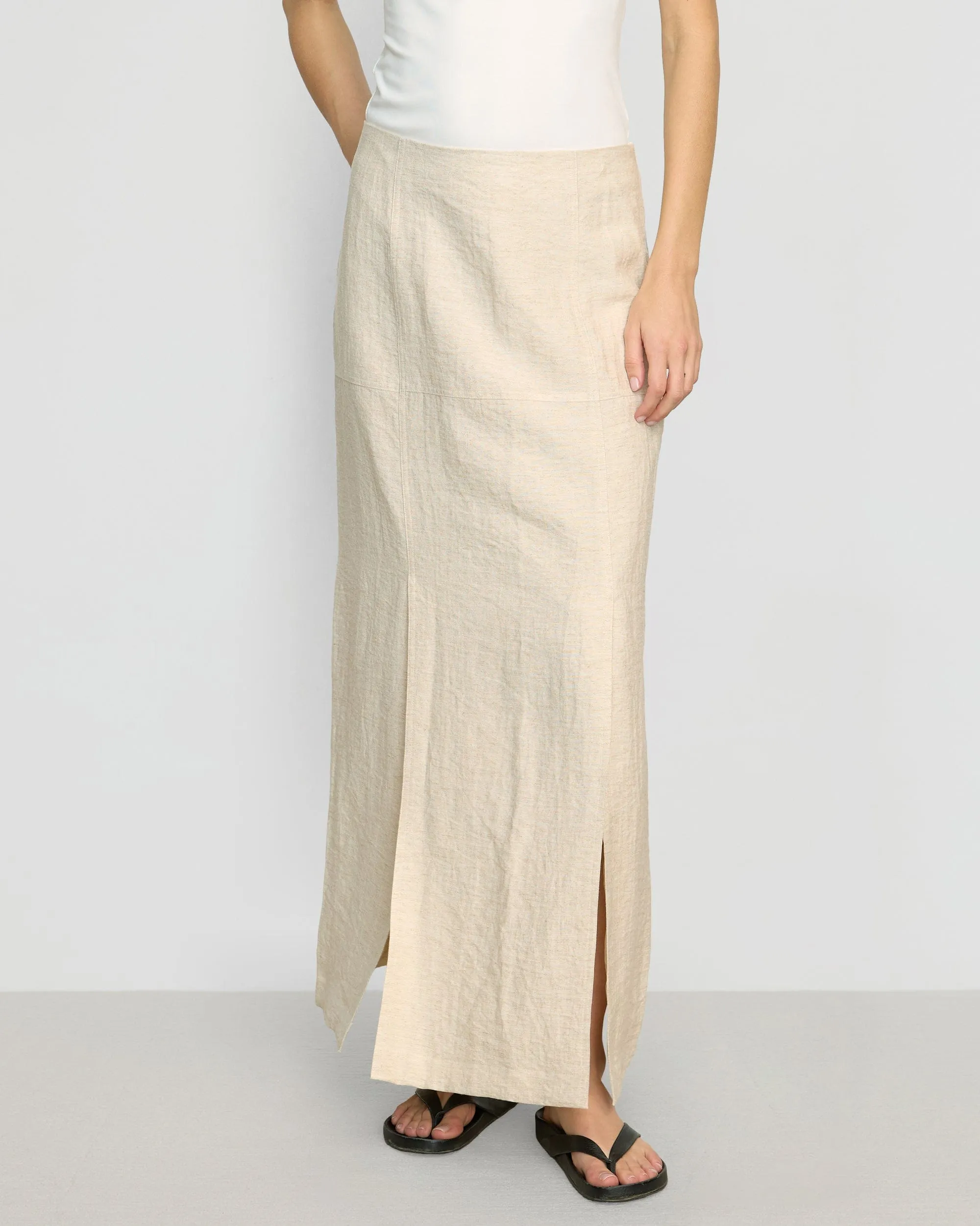 Ranni Front-Vent Linen-Blend Skirt Removable Belt Back Slit
