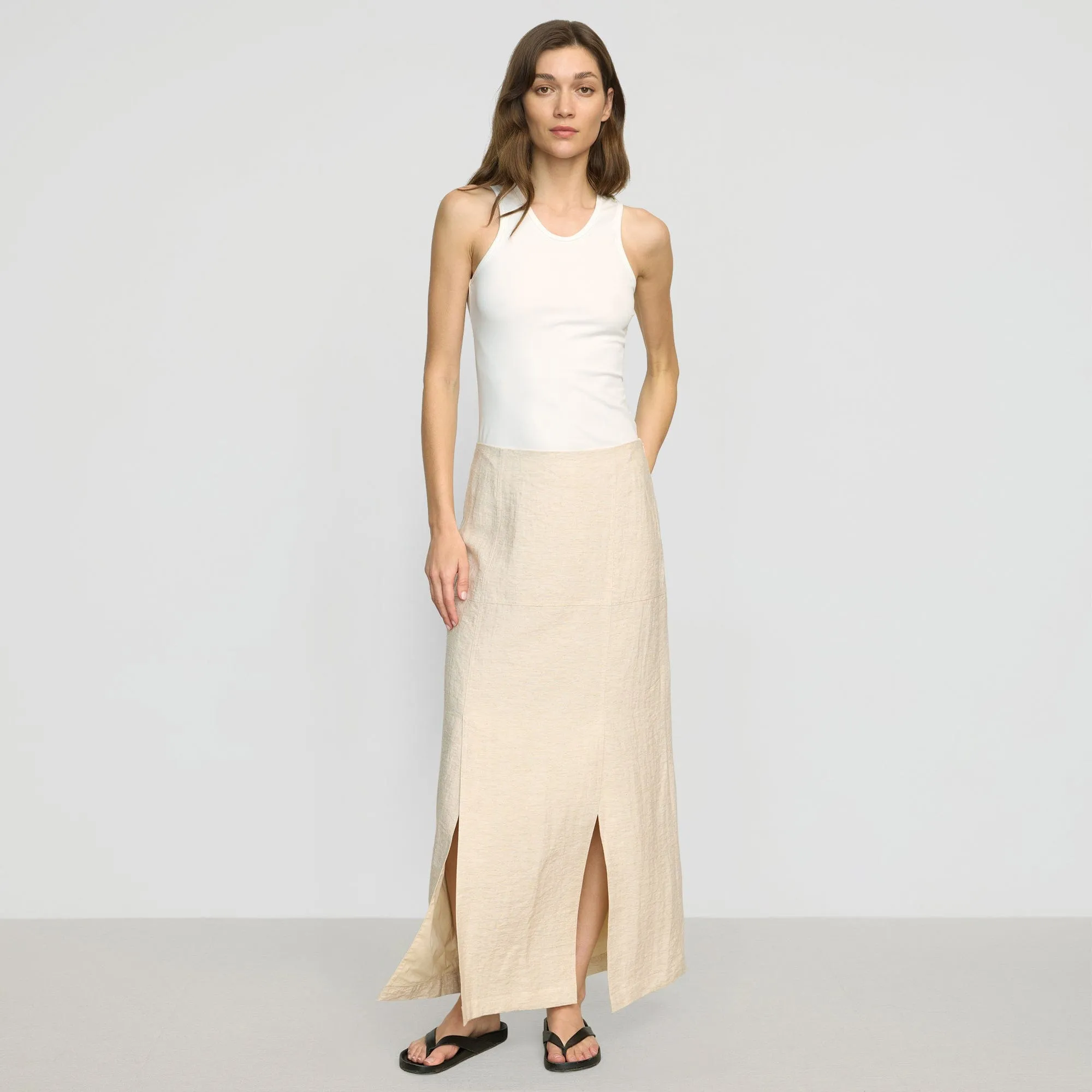 Ranni Front-Vent Linen-Blend Skirt Shopping Trip Low Rise