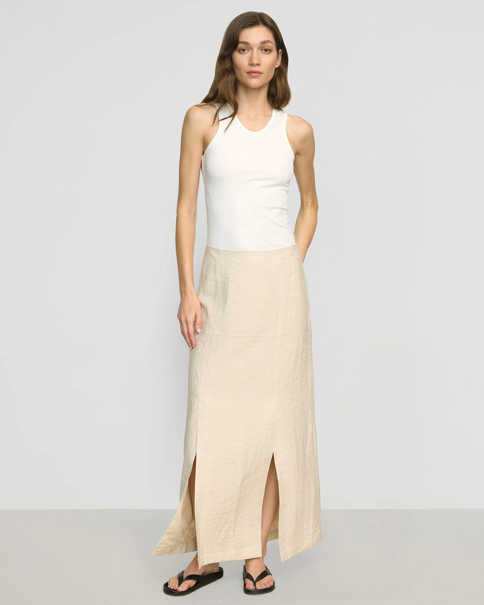 Ranni Front-Vent Linen-Blend Skirt Shape Enhancing Matte Finish