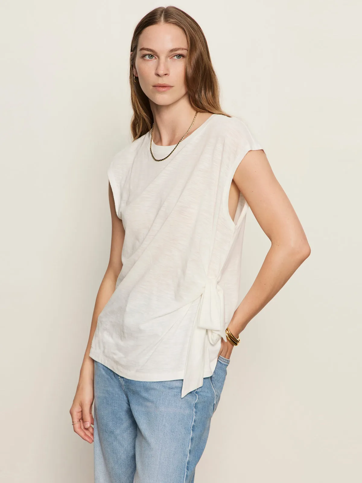 Cozy Waistband Premium Cotton Side Tie Muscle Tee White