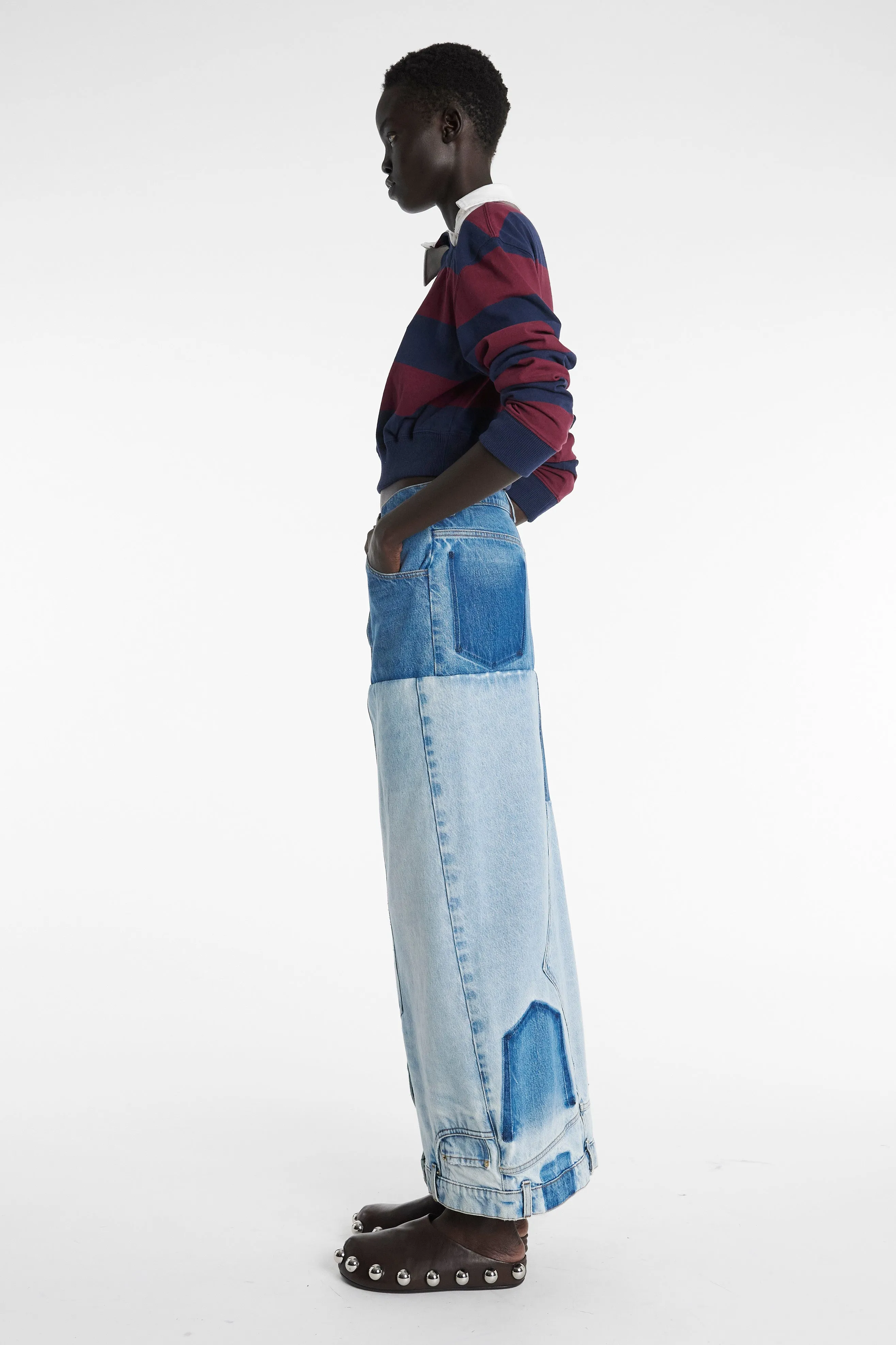 Hand Stitched Outfit Shot Recycled Denim Mirror Effect Skirt Blue