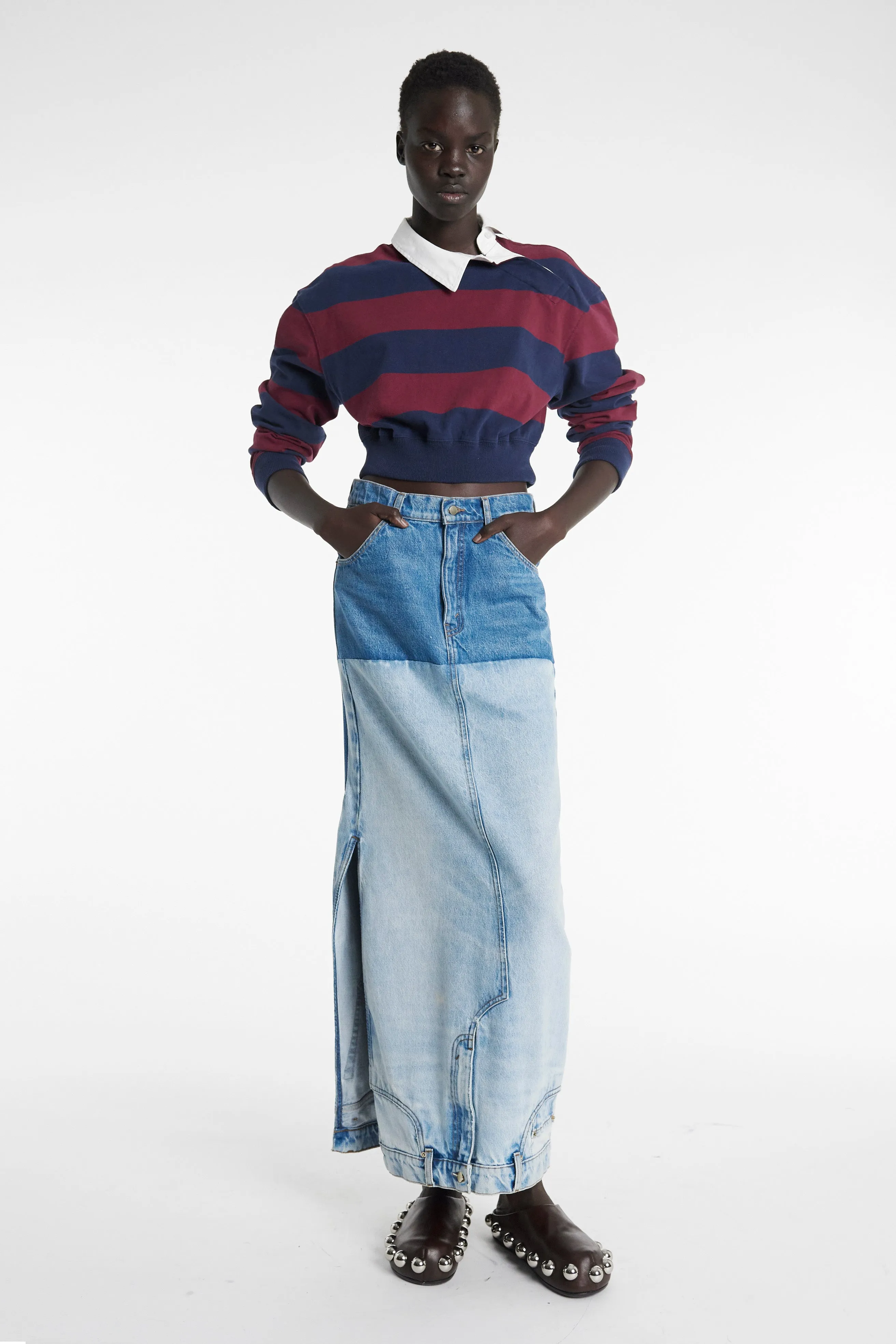 Smart Texture Handmade Quality Recycled Denim Mirror Effect Skirt Blue