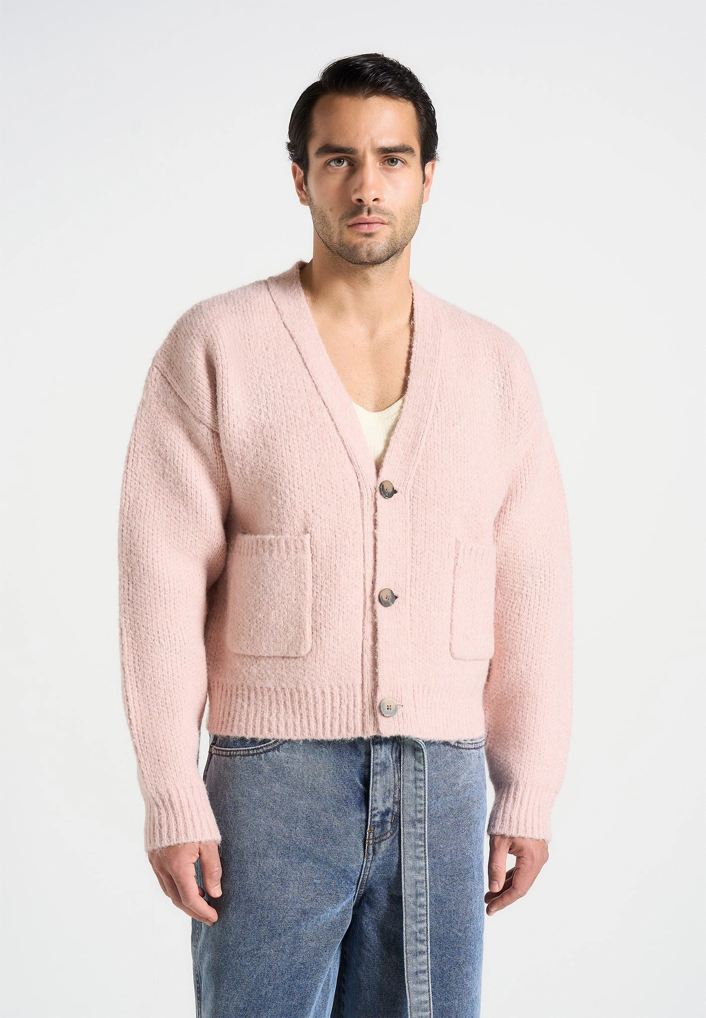 Charlie - Unisex Knitted Cardigan - Pale Pink Casual Draping Classic Ready