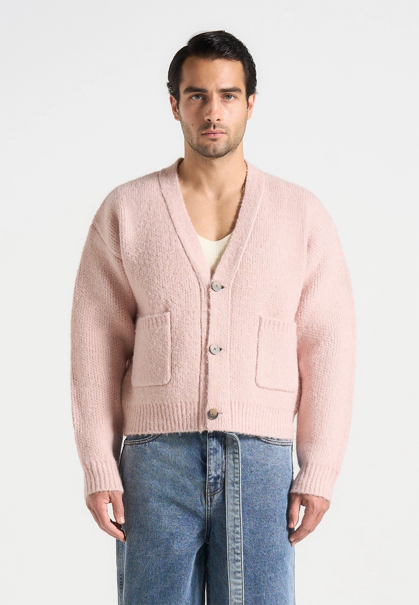 Charlie - Unisex Knitted Cardigan - Pale Pink Off Duty Look HighElasticity Yarn