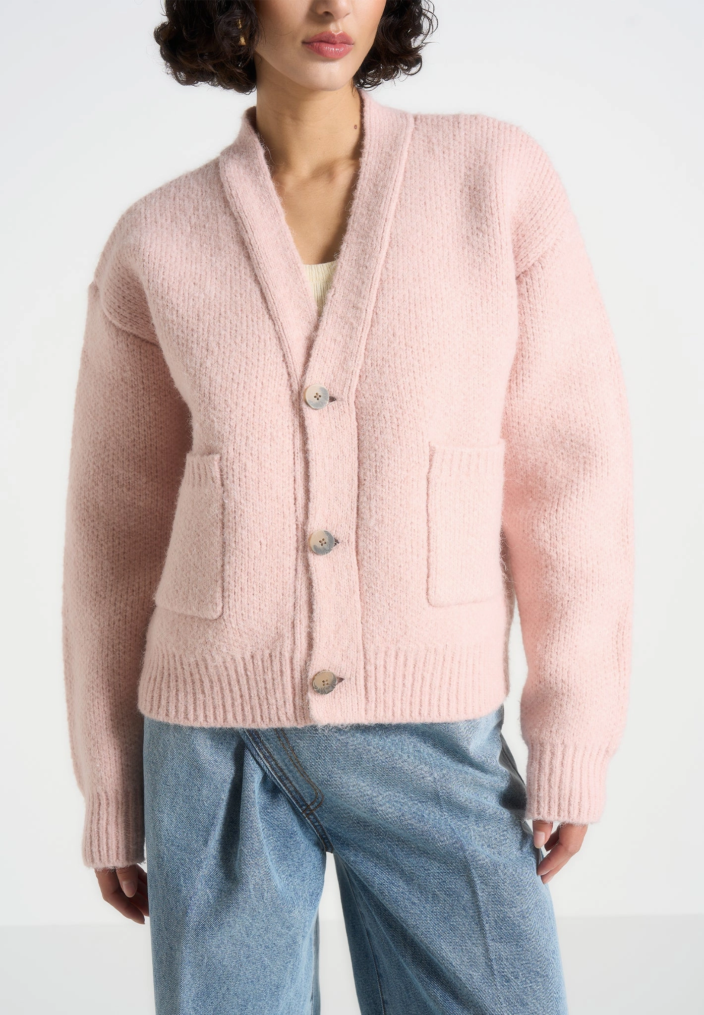 Charlie - Unisex Knitted Cardigan - Pale Pink WaffleKnit Texture