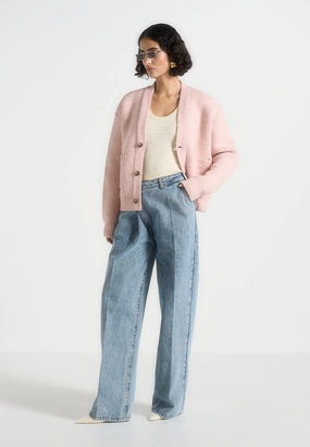 Simple Classic Lightweight Material Charlie - Unisex Knitted Cardigan - Pale Pink