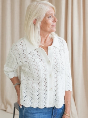 BreathableKnit Fabric Relaxed casual fit Esther Crocheted Cardigan- Ivory