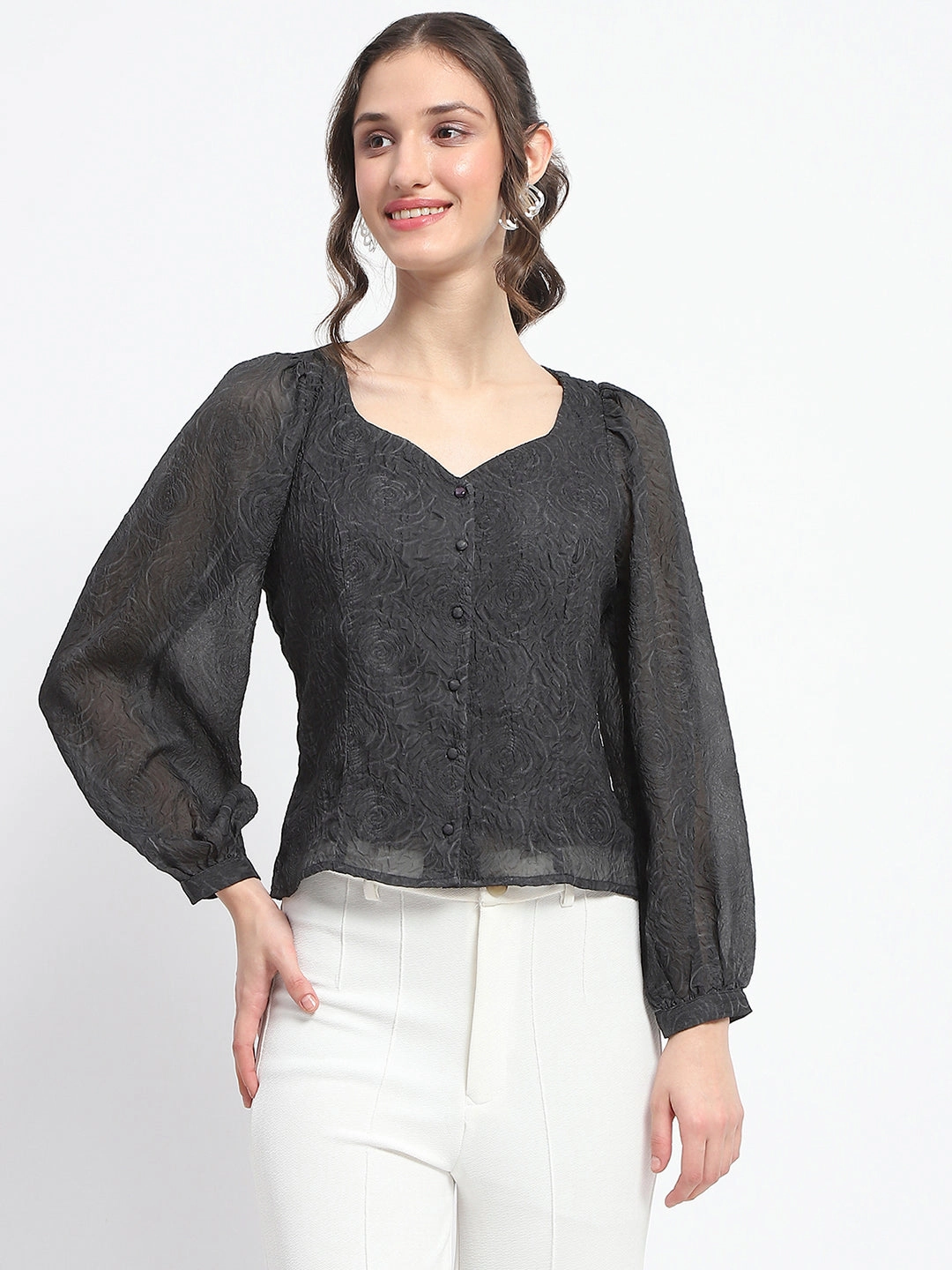 Madame Floral Print Queen Anne Neck Buttoned Black Top FourWay Stretch Fabric HighElasticity