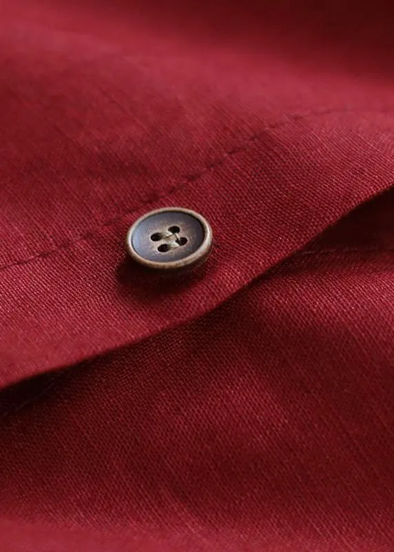 Red Linen Shirt Dress Casual Oversize Spring Maxi Dresses