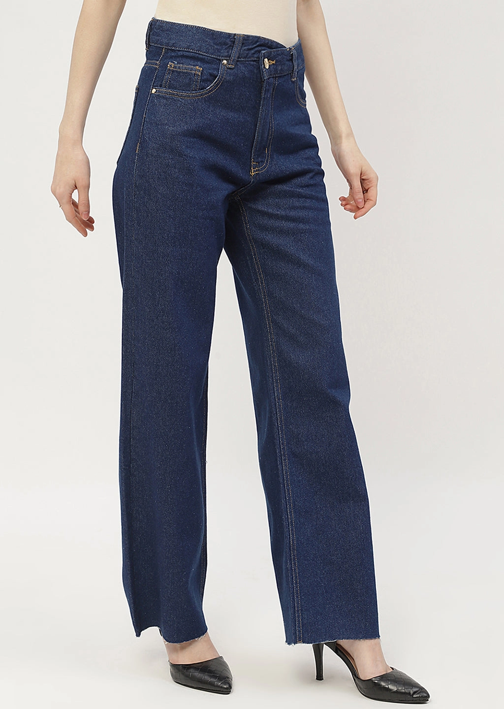 Spring Mood Party Look Classic Flexible Waist Madame Highly Washed Blue Wide Leg Jeans
