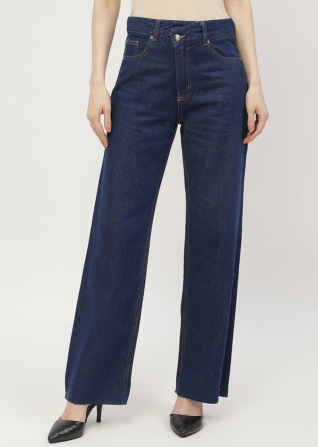 Street Style Smooth Creative Look Adult Fashion Madame Highly Washed Blue Wide Leg Jeans